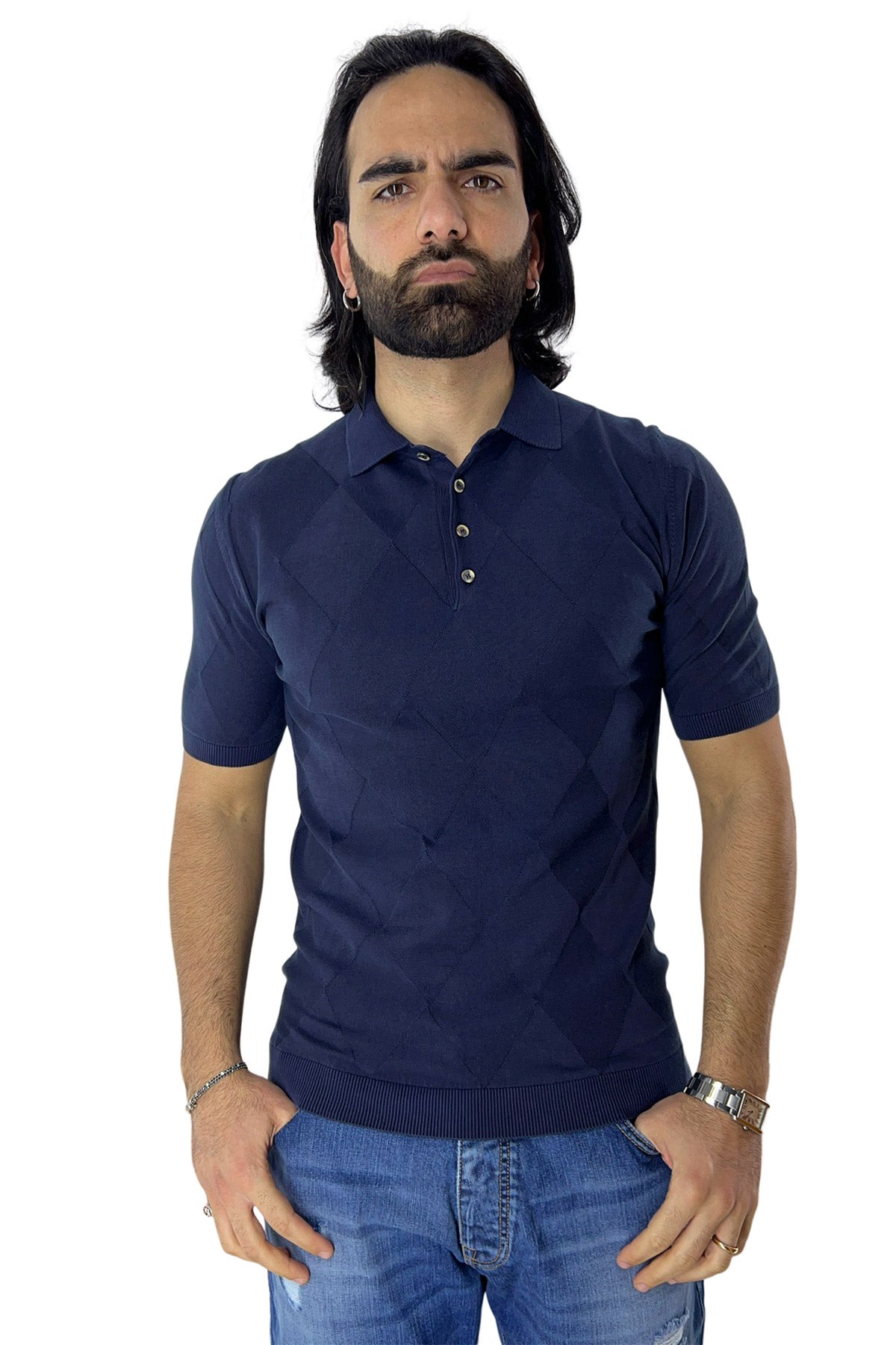 Polo da uomo navy Blu mezze maniche 100% cotone di filo finezza 14 trama rombi tono su tono