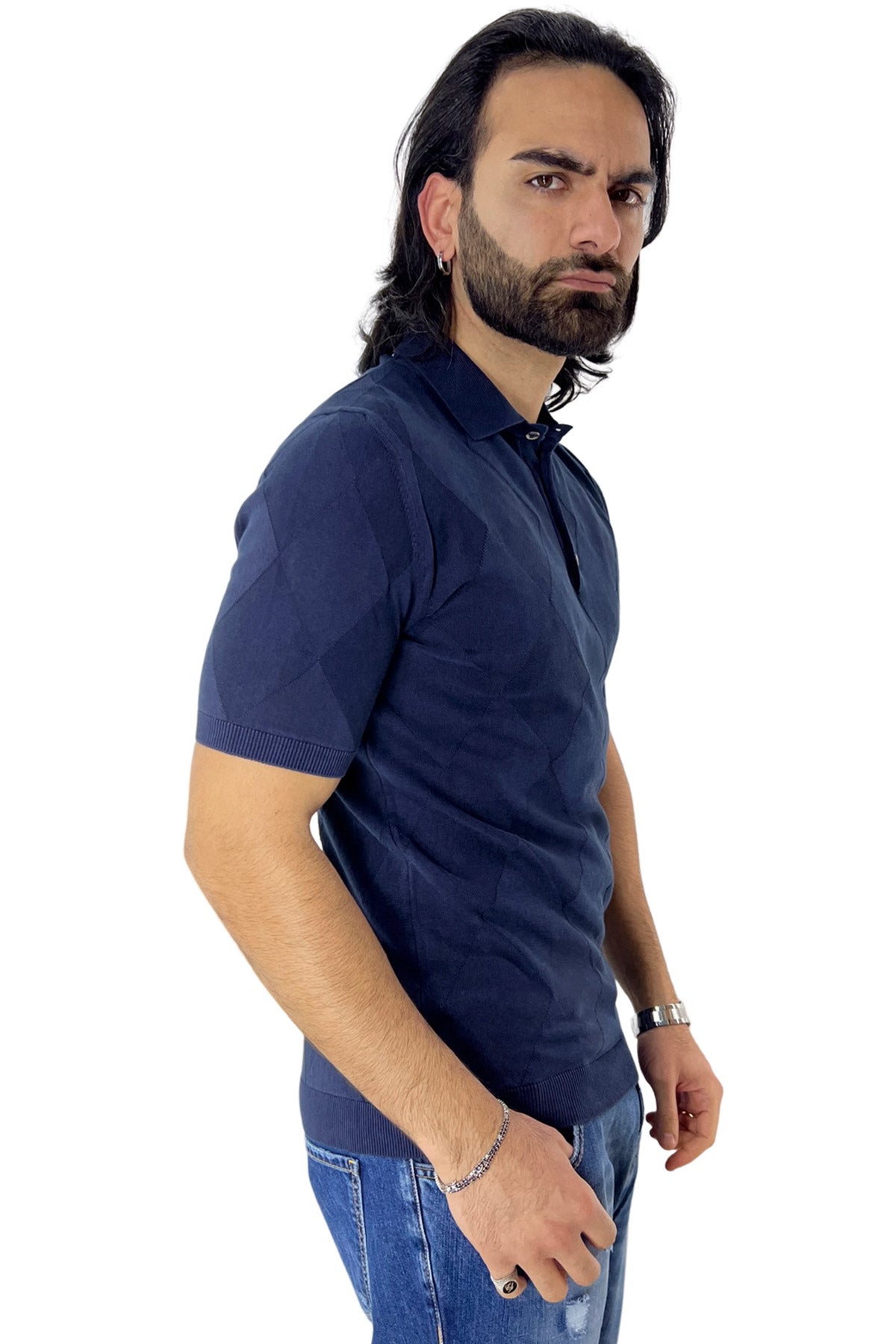 Polo da uomo navy Blu mezze maniche 100% cotone di filo finezza 14 trama rombi tono su tono