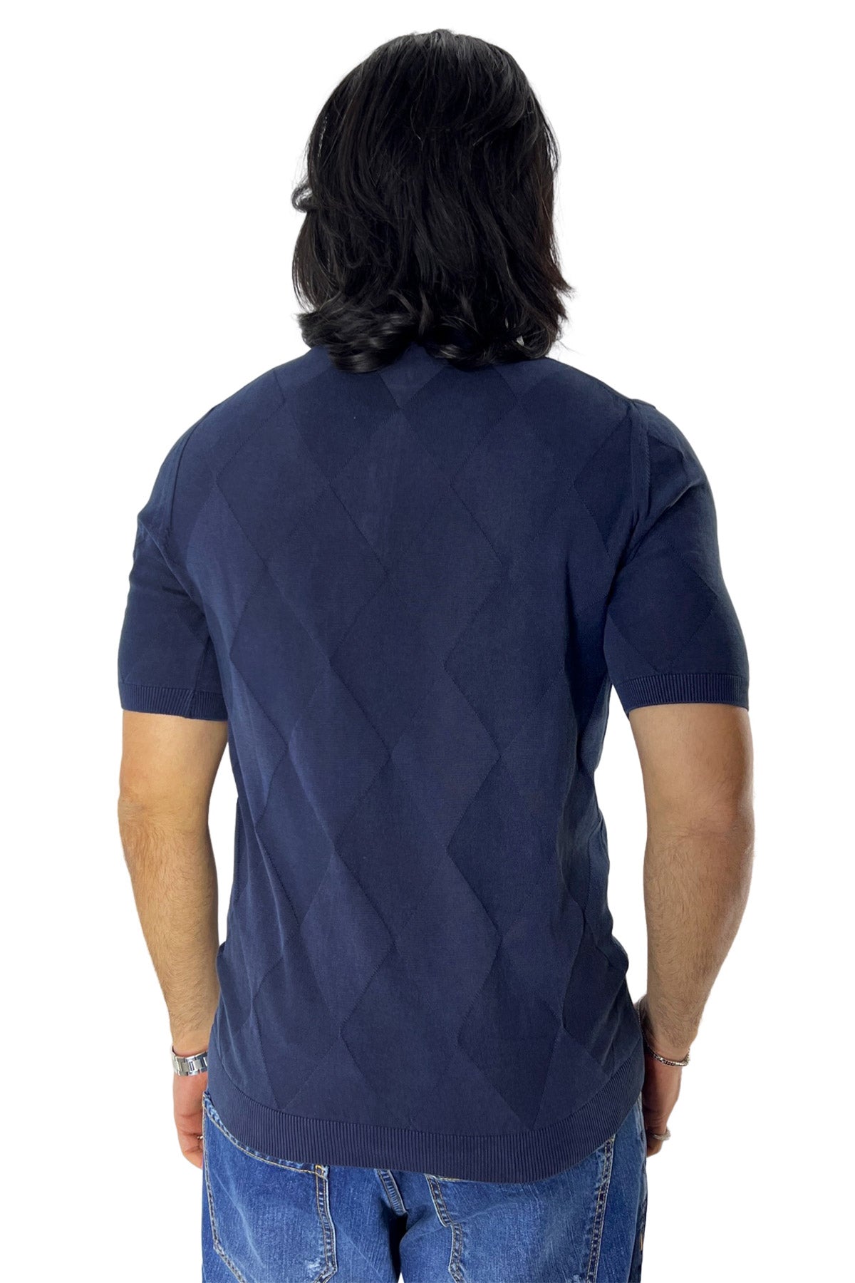 Polo da uomo navy Blu mezze maniche 100% cotone di filo finezza 14 trama rombi tono su tono