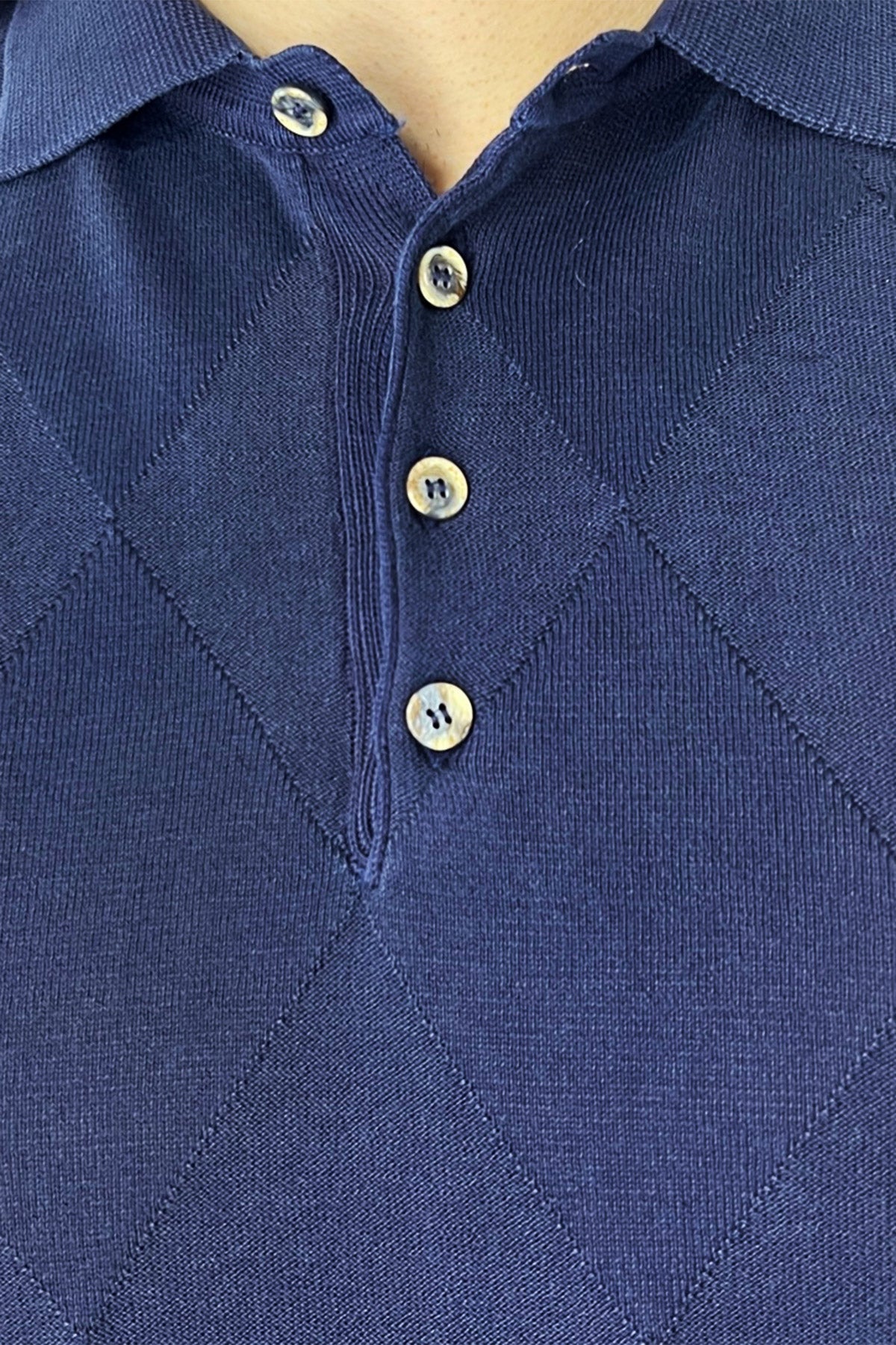 Polo da uomo navy Blu mezze maniche 100% cotone di filo finezza 14 trama rombi tono su tono