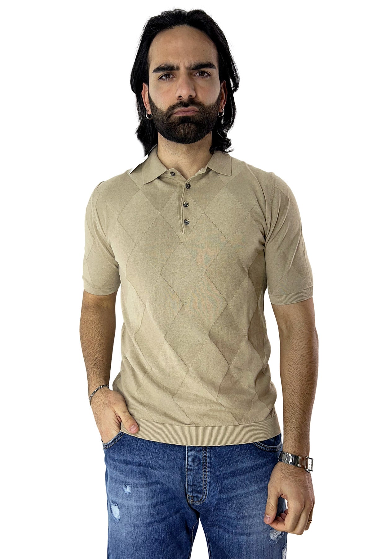 Polo da uomo beige mezze maniche 100% cotone di filo finezza 14 trama rombi tono su tono