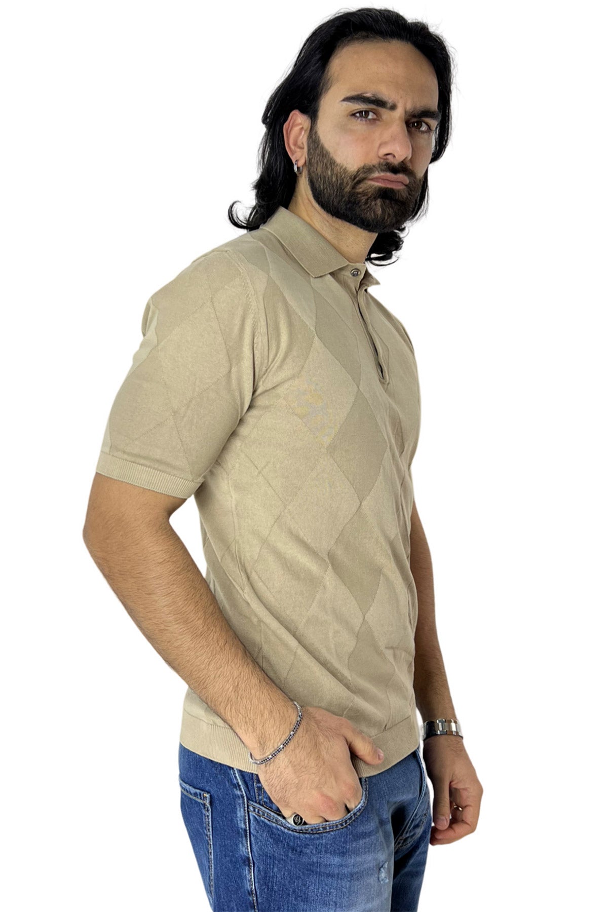 Polo da uomo beige mezze maniche 100% cotone di filo finezza 14 trama rombi tono su tono