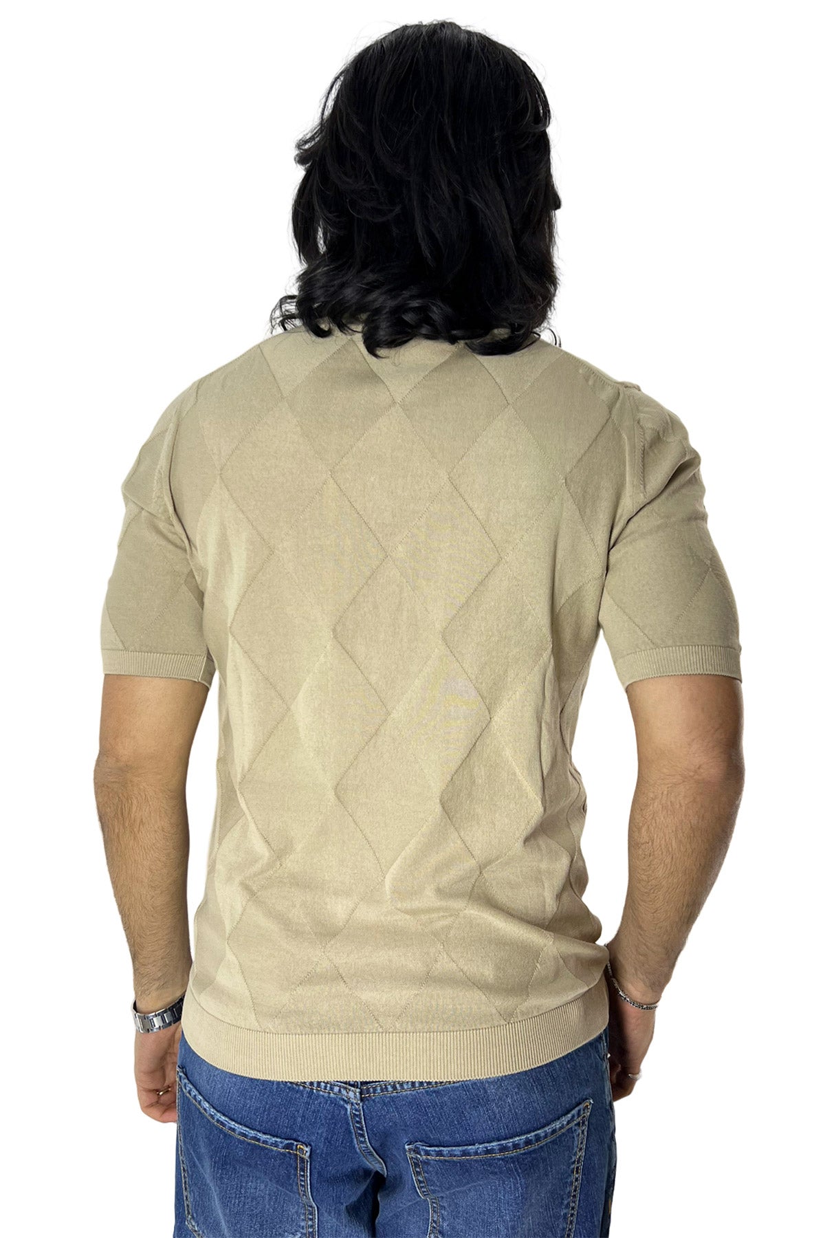 Polo da uomo beige mezze maniche 100% cotone di filo finezza 14 trama rombi tono su tono