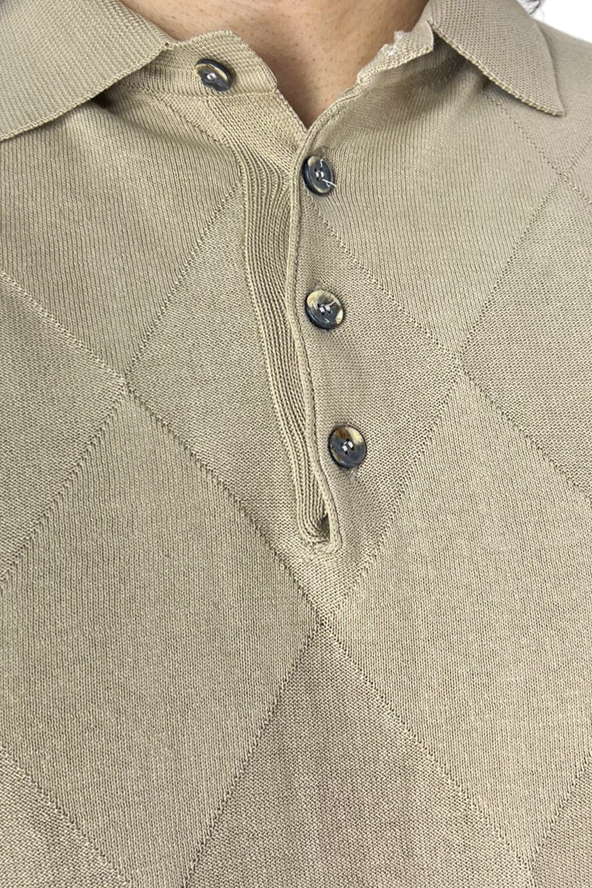 Polo da uomo beige mezze maniche 100% cotone di filo finezza 14 trama rombi tono su tono