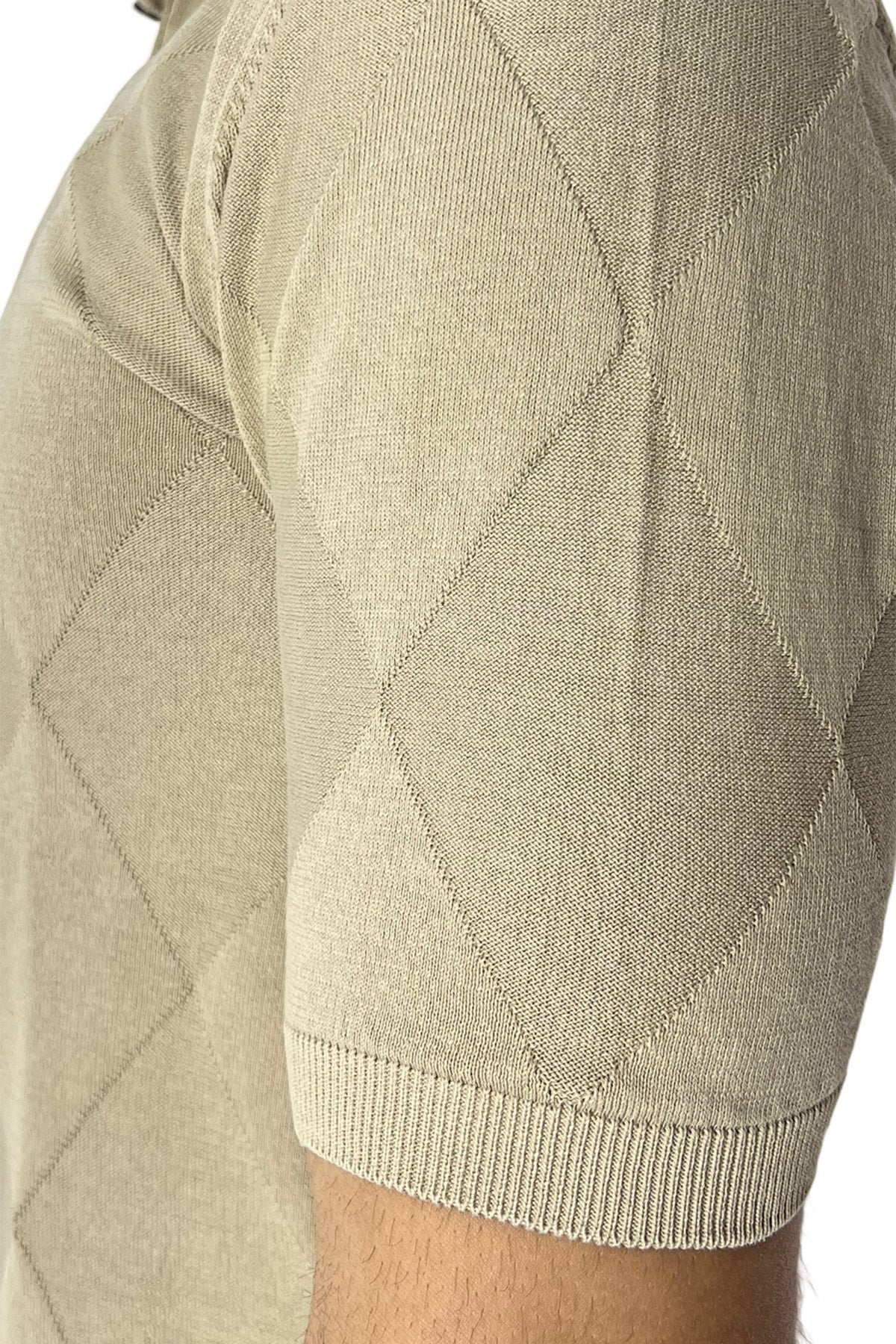 Polo da uomo beige mezze maniche 100% cotone di filo finezza 14 trama rombi tono su tono