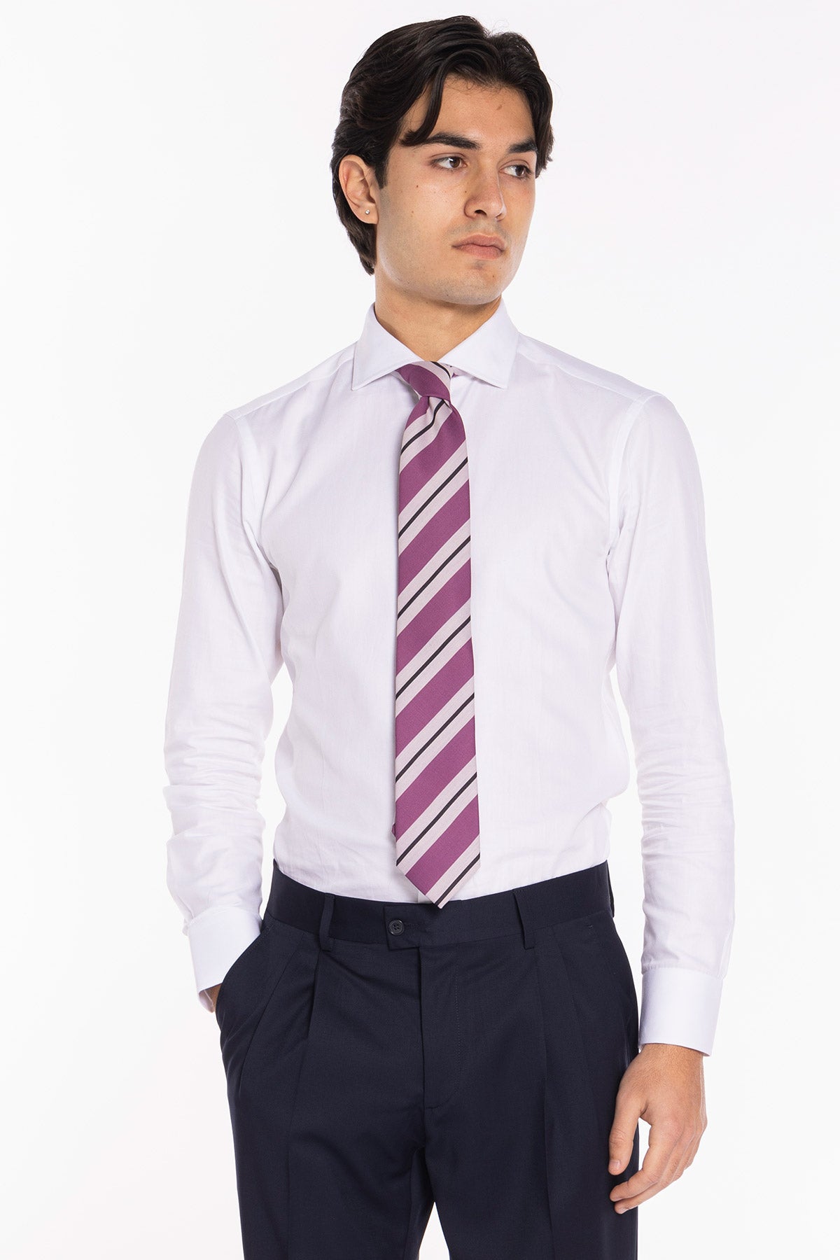 Cravatta uomo viola fantasia righe 8cm da cerimonia elegante fresco lana super 120's