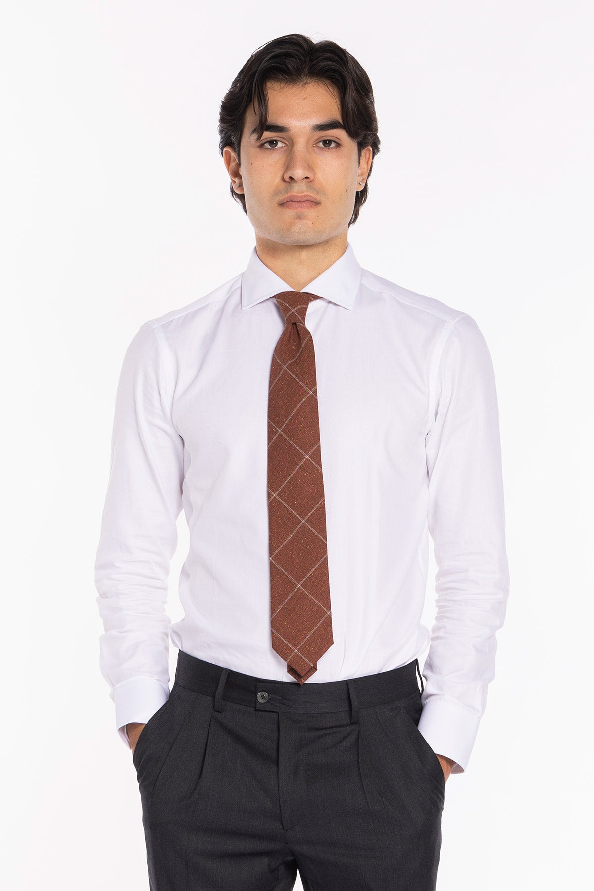 Cravatta uomo arancio a quadri  8cm da cerimonia elegante fresco lana super 120's e seta