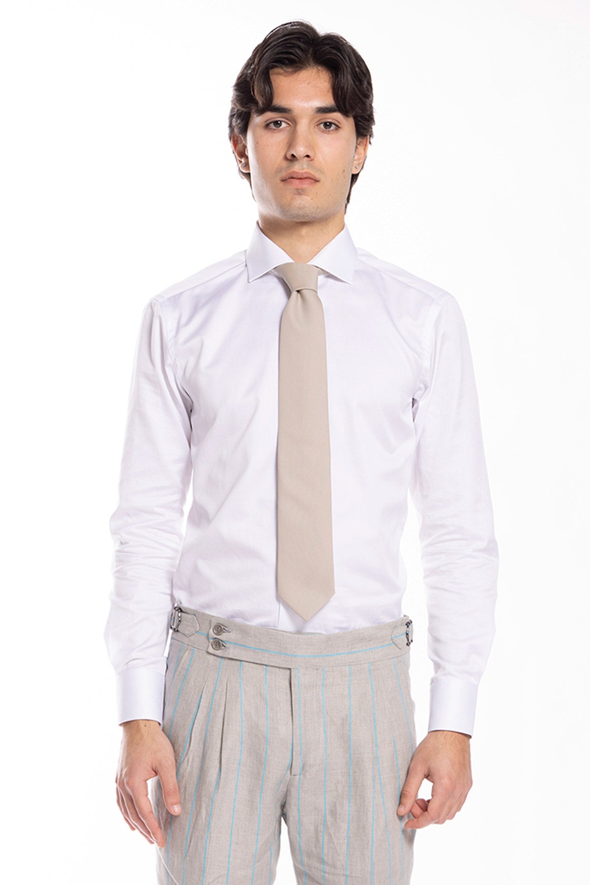 Cravatta uomo beige tinta unita 8cm da cerimonia elegante 100% fresco lana super 130's