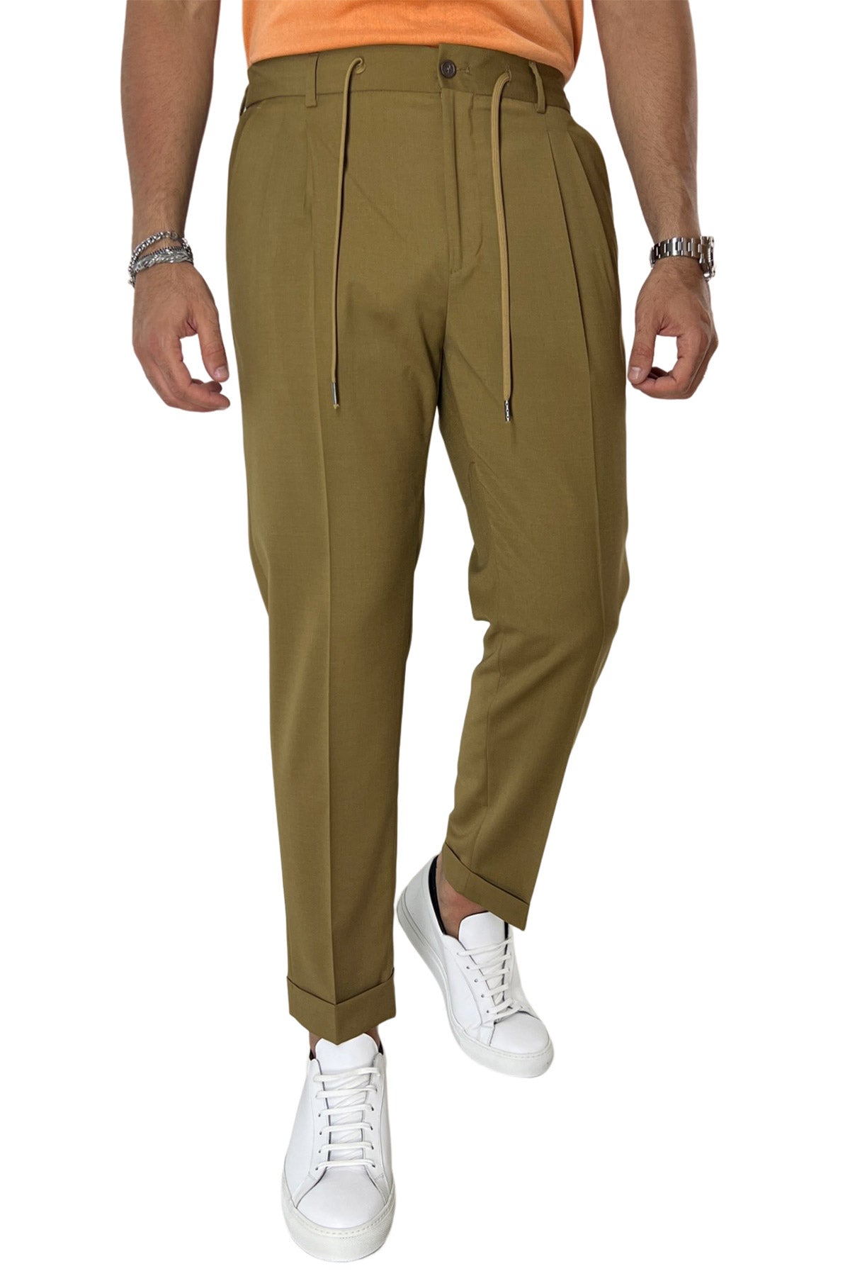 Pantalaccio da uomo cammello doppia pinces in misto fresco lana tasca america risvolto 4cm