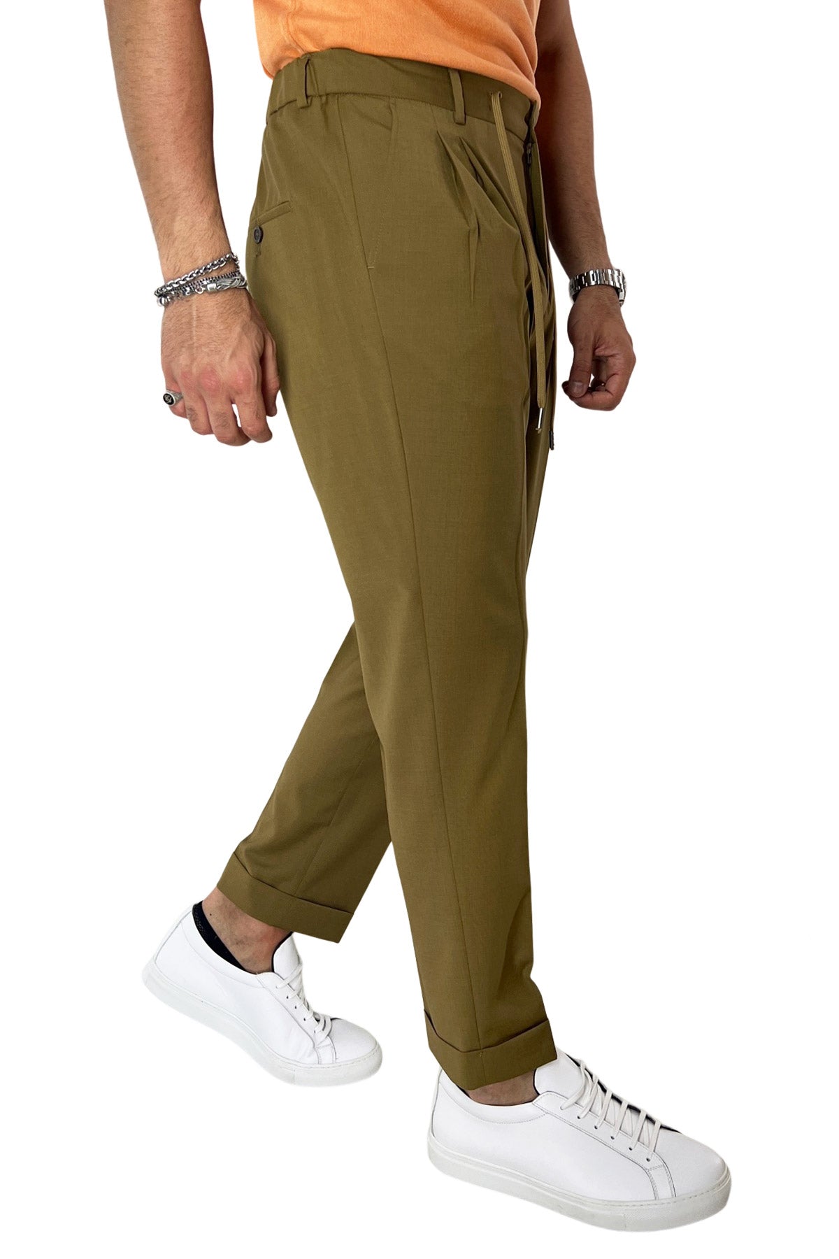Pantalaccio da uomo cammello doppia pinces in misto fresco lana tasca america risvolto 4cm