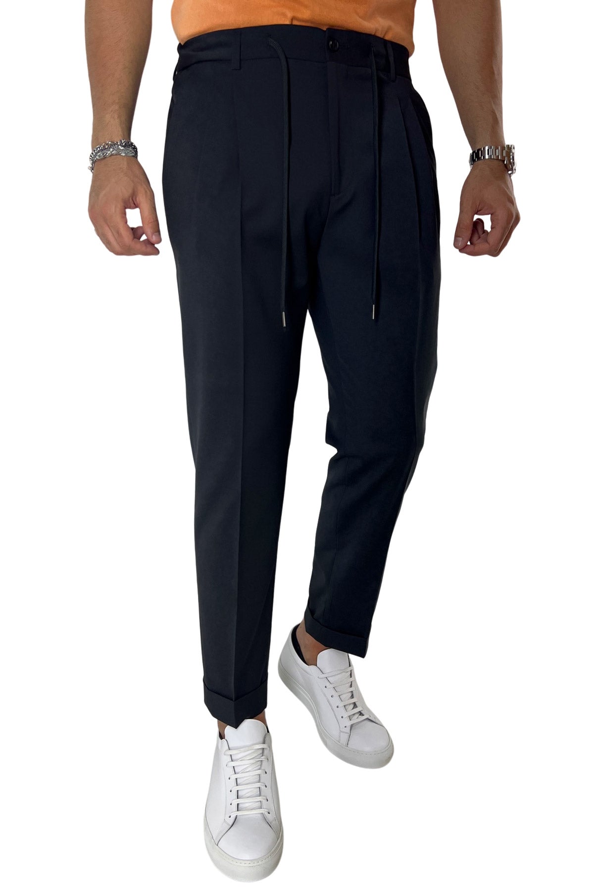 Pantalaccio da uomo Nero doppia pinces in misto fresco lana tasca america risvolto 4cm
