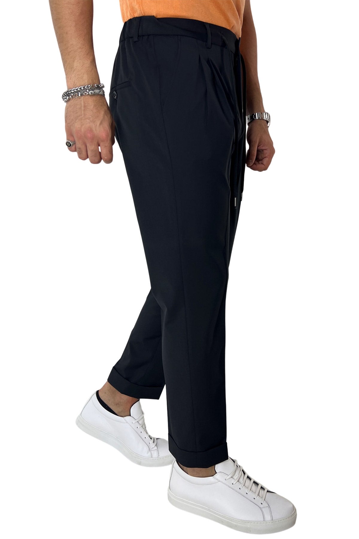 Pantalaccio da uomo Nero doppia pinces in misto fresco lana tasca america risvolto 4cm