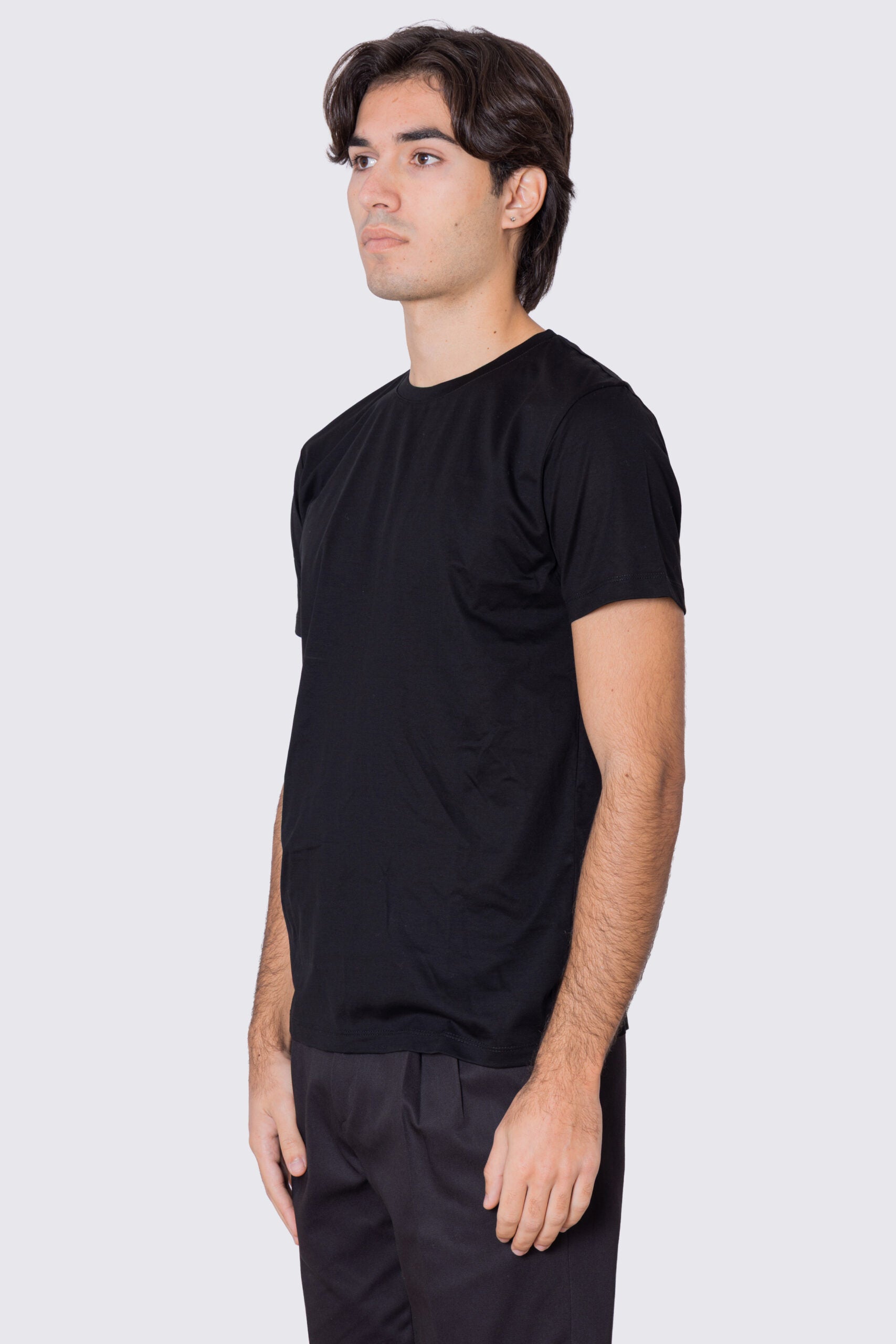 T-shirt da uomo filo di scozia nera 100% cotone slim fit tinta unita Made In Italy..