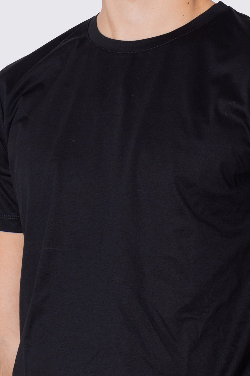 T-shirt da uomo filo di scozia nera 100% cotone slim fit tinta unita Made In Italy..