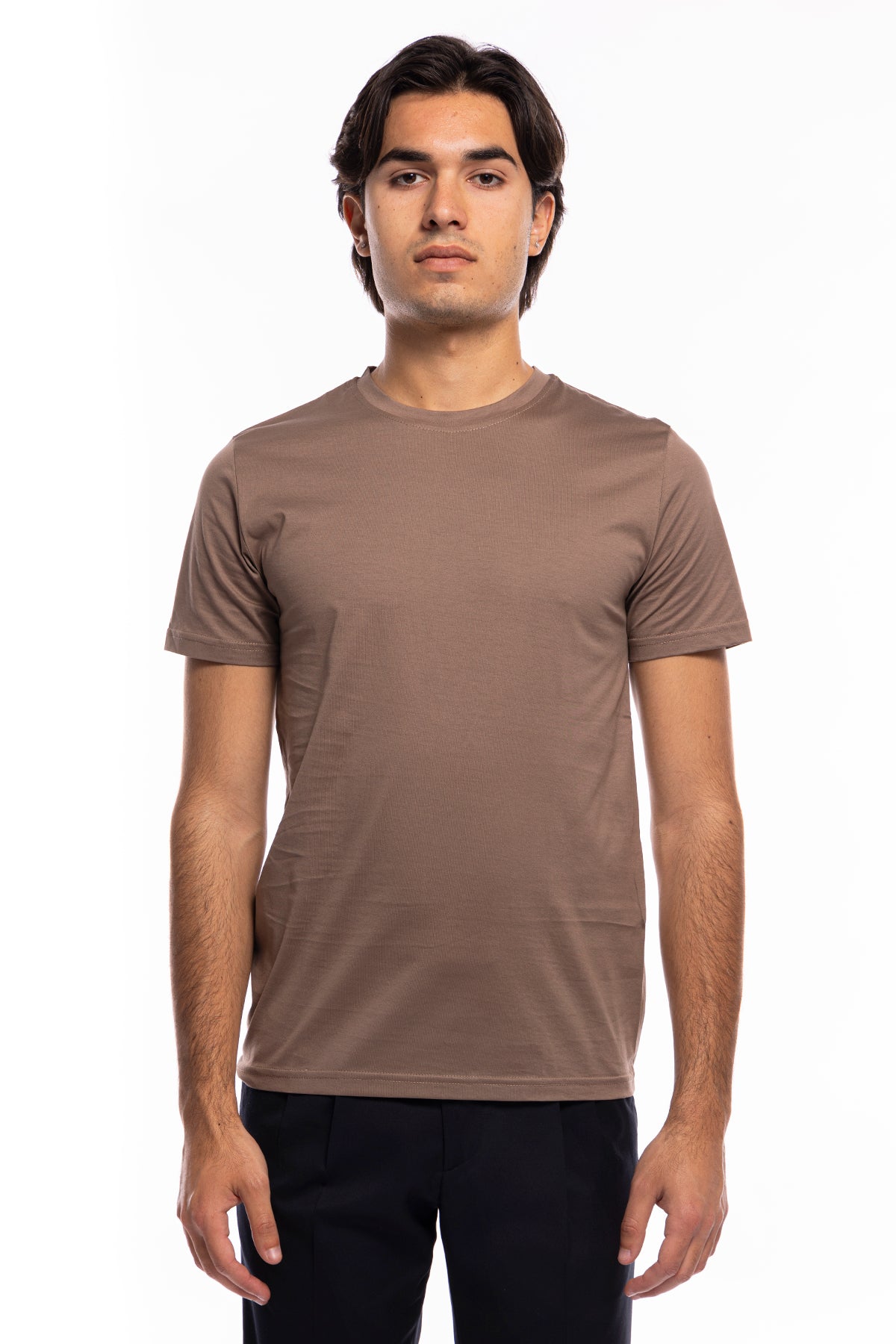 T-shirt da uomo filo di scozia Fango 100% cotone slim fit tinta unita Made In Italy..