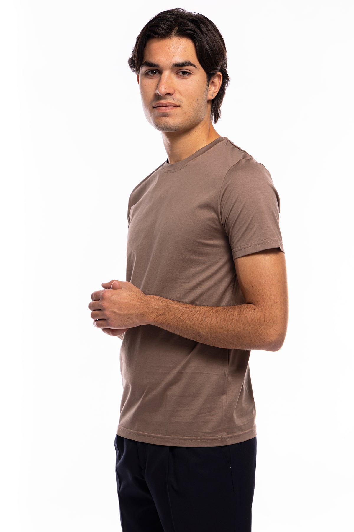 T-shirt da uomo filo di scozia Fango 100% cotone slim fit tinta unita Made In Italy..