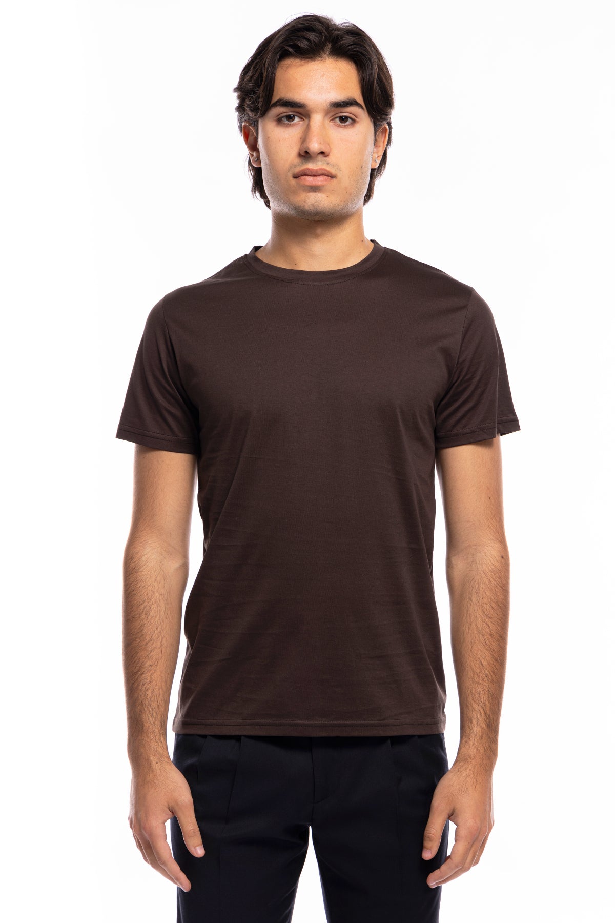 T-shirt da uomo filo di scozia marrone 100% cotone slim fit tinta unita Made In Italy