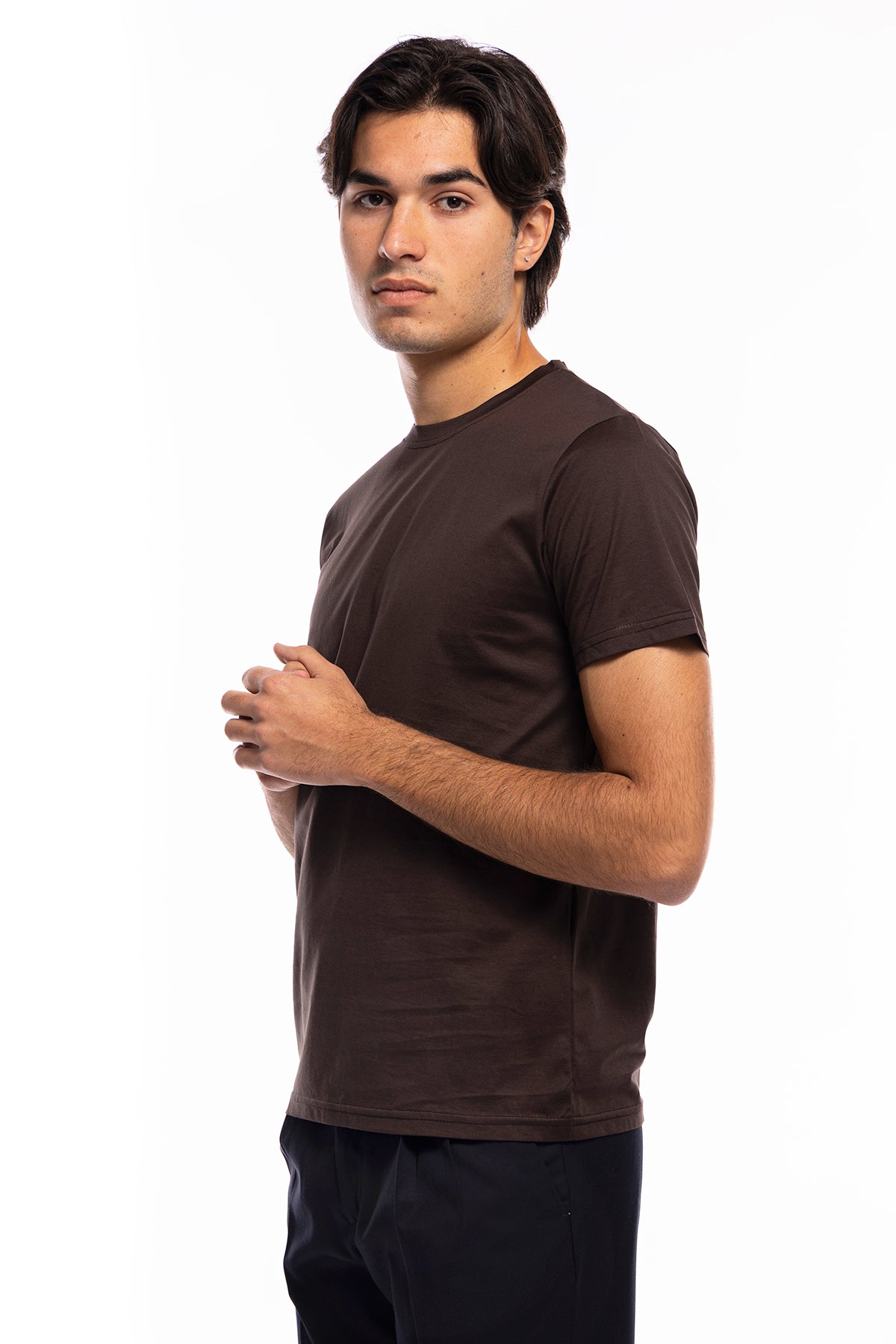 T-shirt da uomo filo di scozia marrone 100% cotone slim fit tinta unita Made In Italy