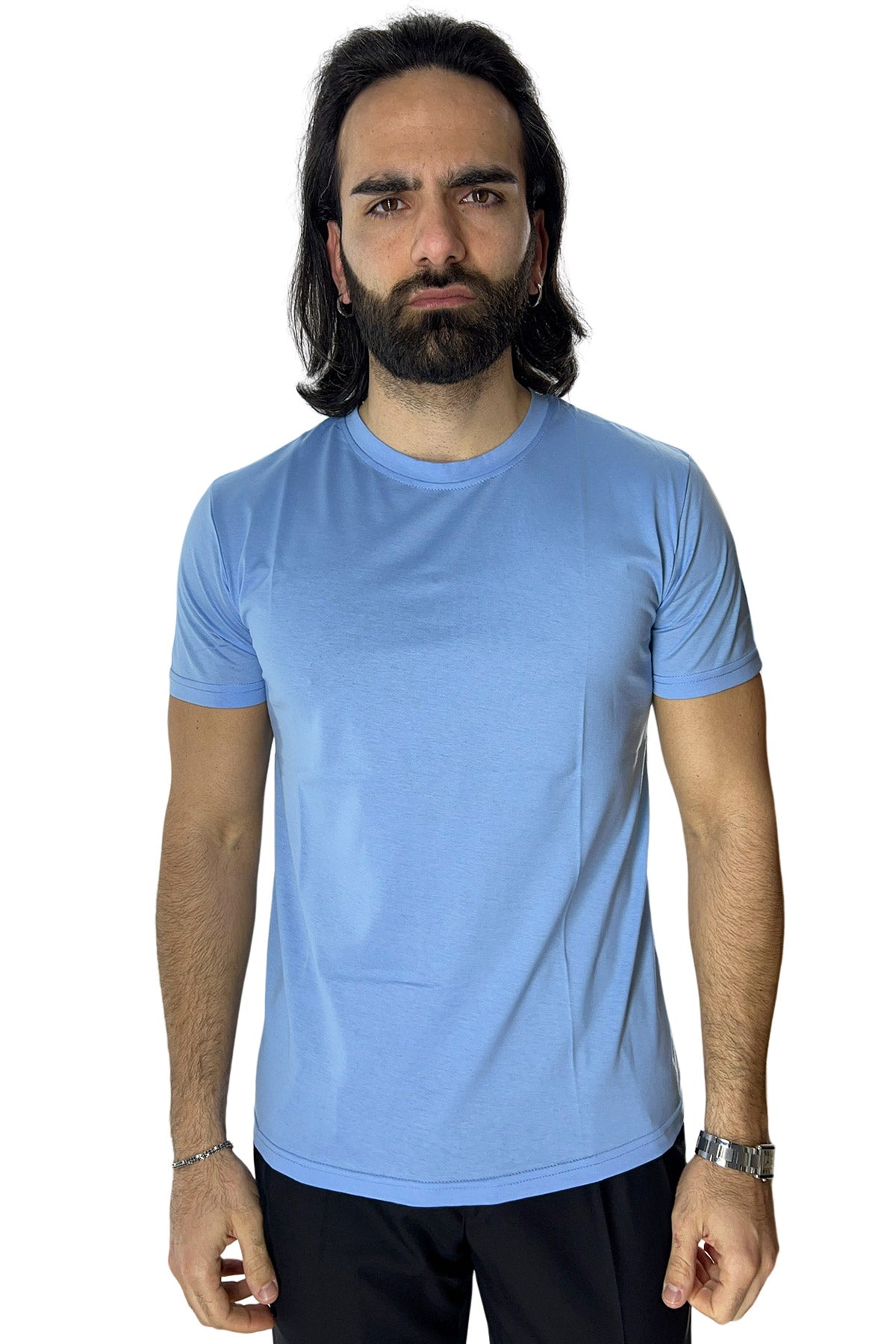 T-shirt da uomo filo di scozia celeste 100% cotone slim fit tinta unita Made In Italy