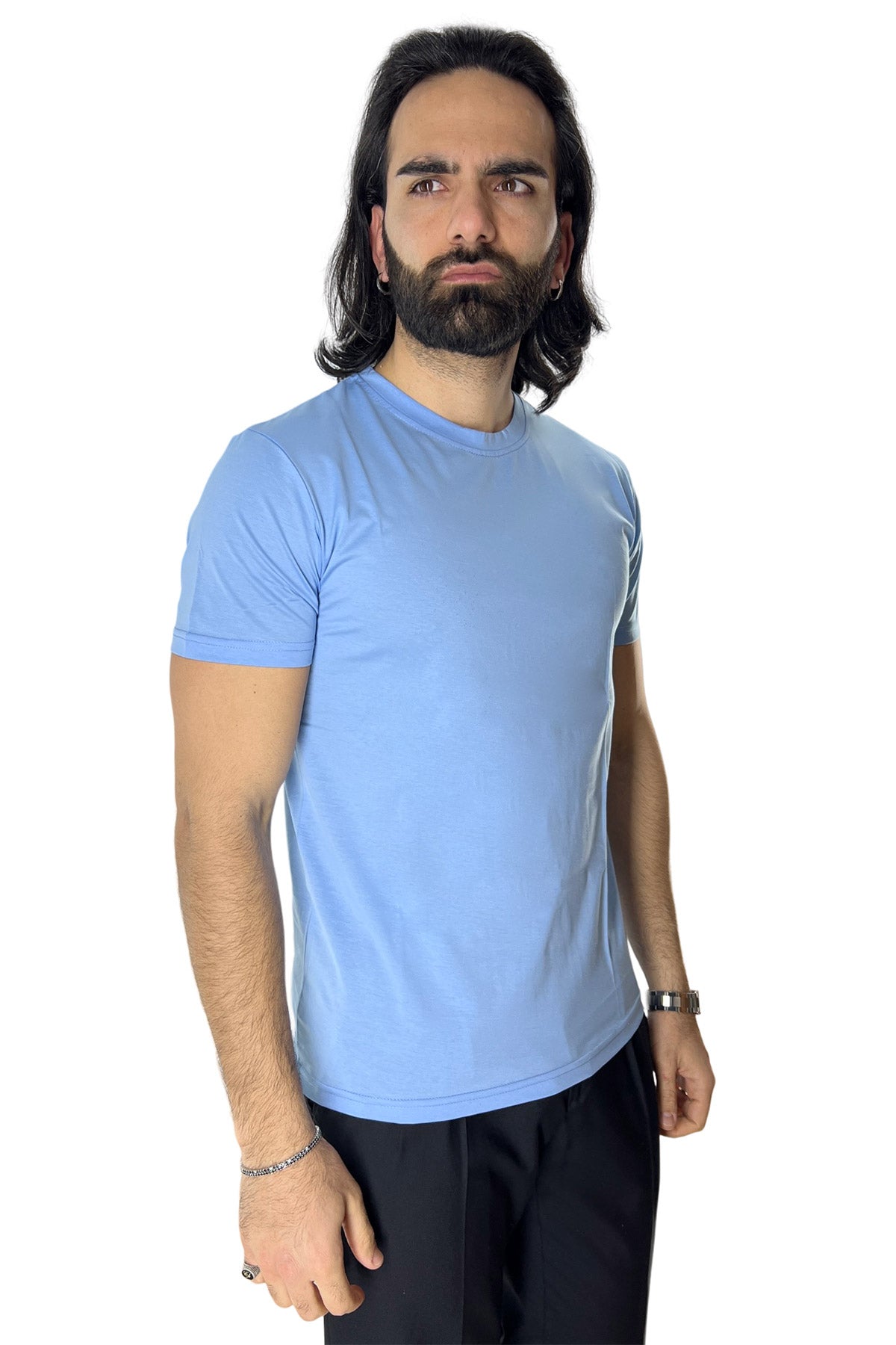 T-shirt da uomo filo di scozia celeste 100% cotone slim fit tinta unita Made In Italy