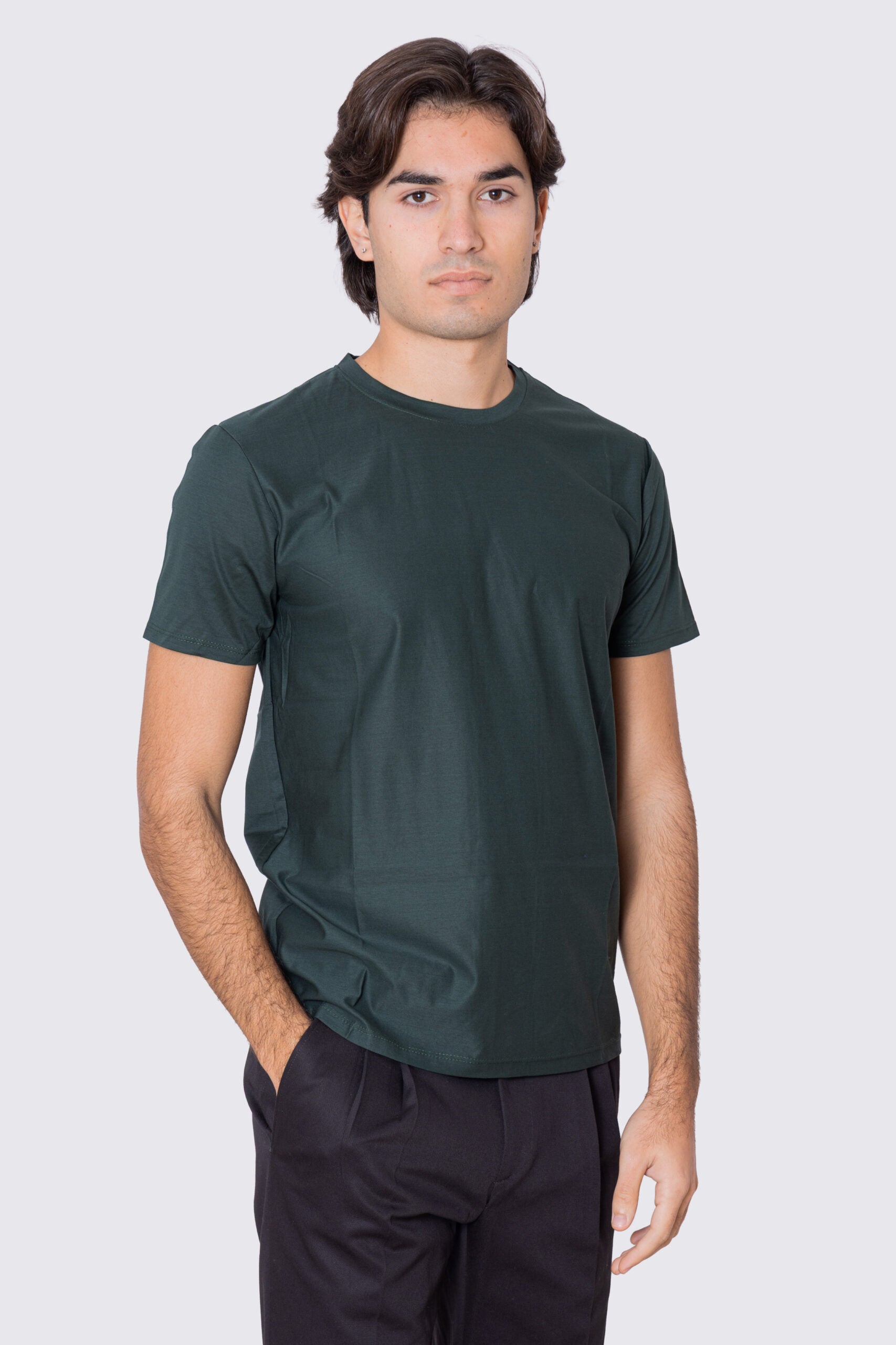 T-shirt da uomo filo di scozia Verde Bottiglia 100% cotone slim fit tinta unita Made In Italy