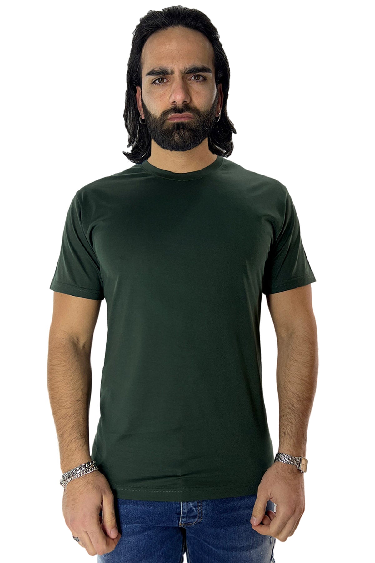 T-shirt da uomo filo di scozia Verde Bottiglia 100% cotone slim fit tinta unita Made In Italy