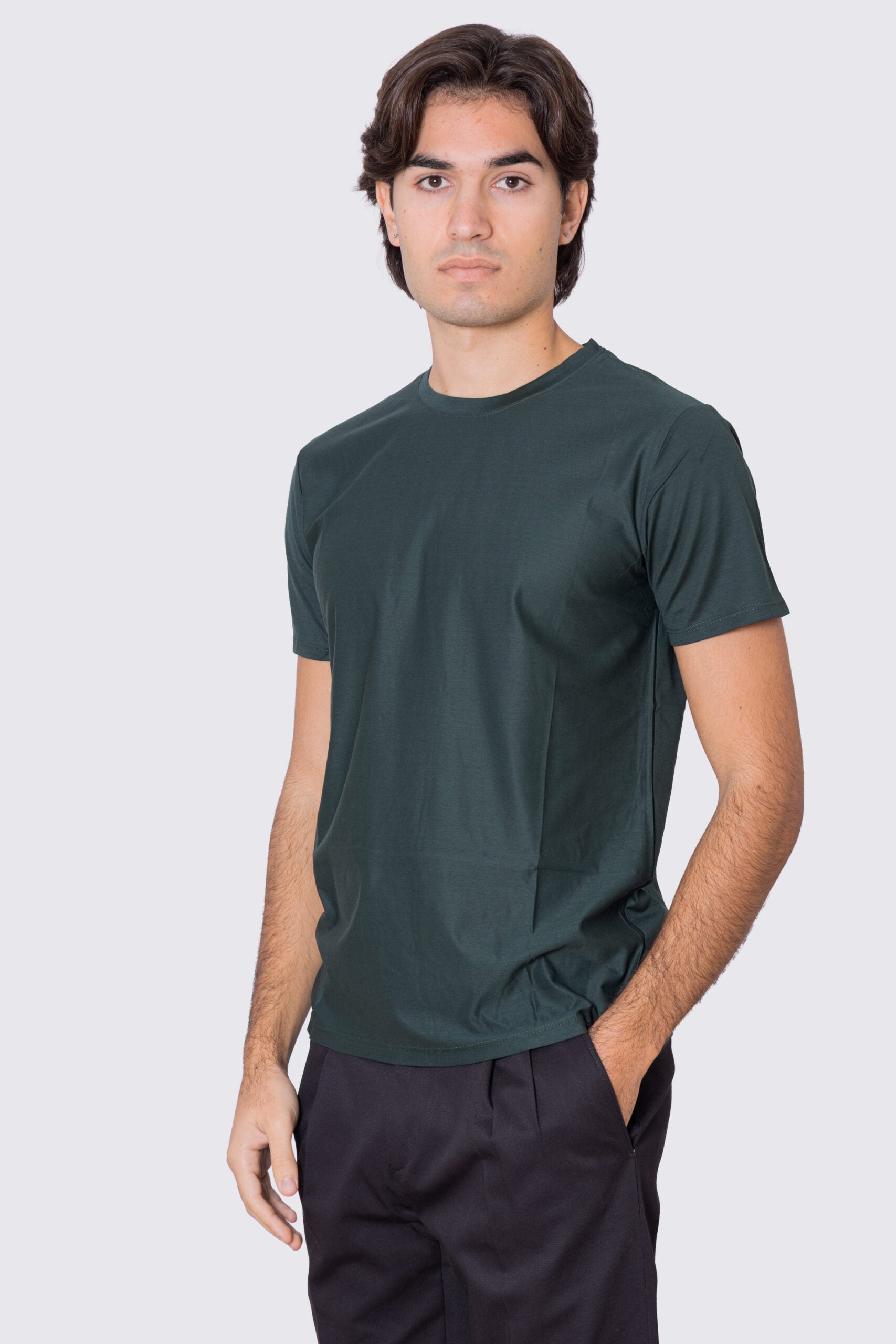 T-shirt da uomo filo di scozia Verde Bottiglia 100% cotone slim fit tinta unita Made In Italy