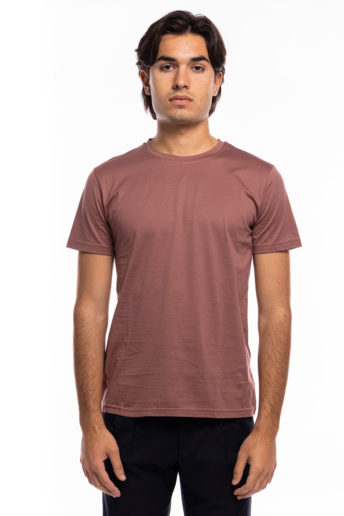 T-shirt da uomo filo di scozia rosa antico 100% cotone slim fit tinta unita Made In Italy