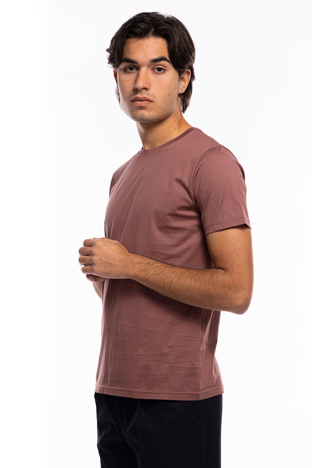 T-shirt da uomo filo di scozia rosa antico 100% cotone slim fit tinta unita Made In Italy