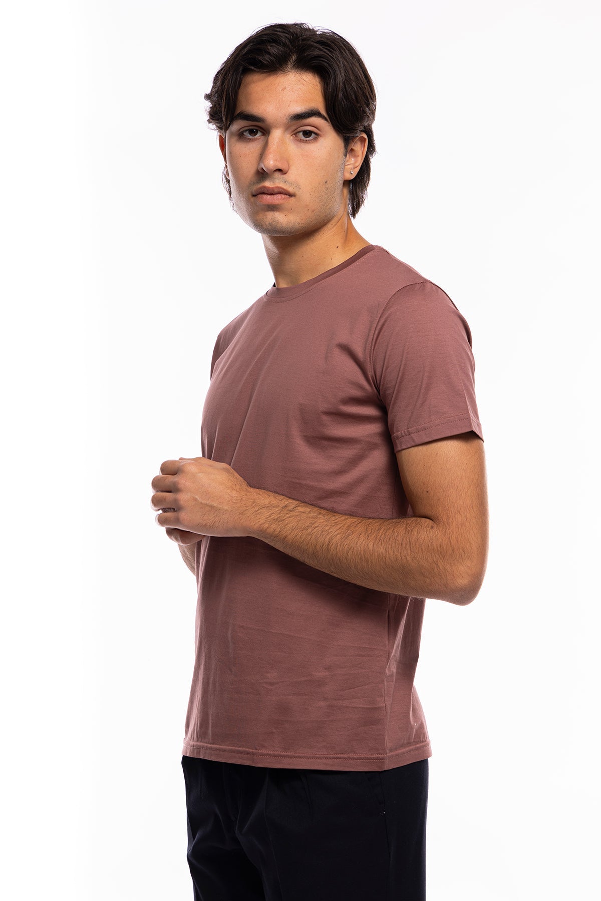 T-shirt da uomo filo di scozia rosa antico 100% cotone slim fit tinta unita Made In Italy
