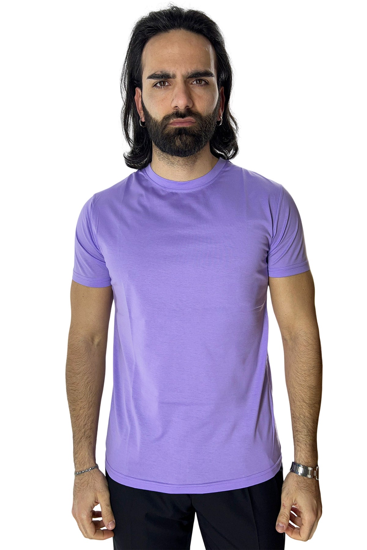 T-shirt da uomo filo di scozia lilla 100% cotone slim fit tinta unita Made In Italy