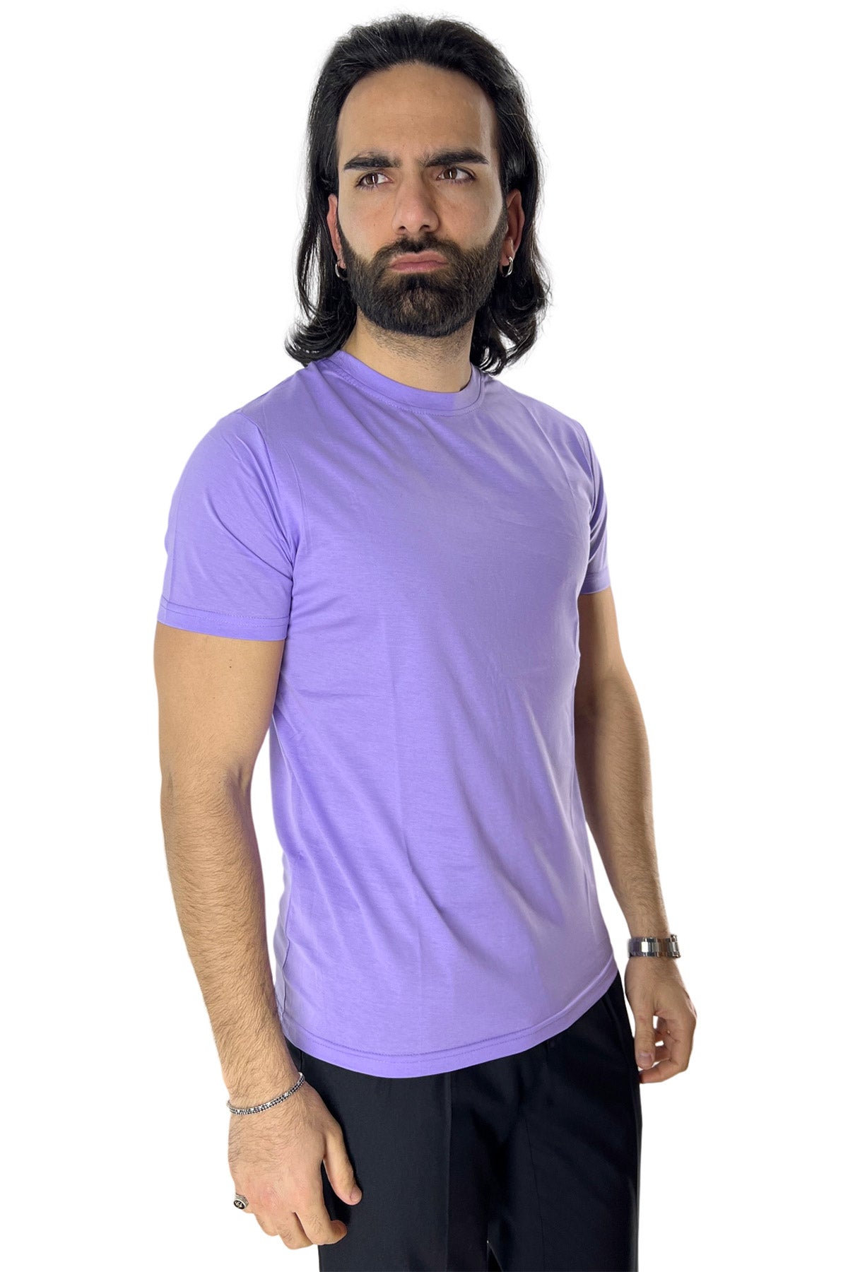 T-shirt da uomo filo di scozia lilla 100% cotone slim fit tinta unita Made In Italy