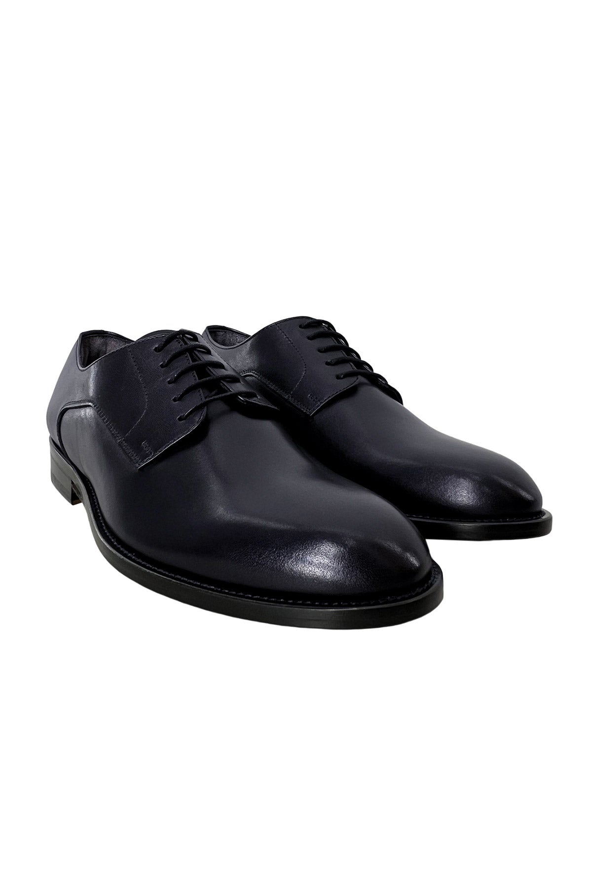 Scarpe stringate da uomo navy blu modello derby in vera pelle con chiusura lacci e suola in cuoio