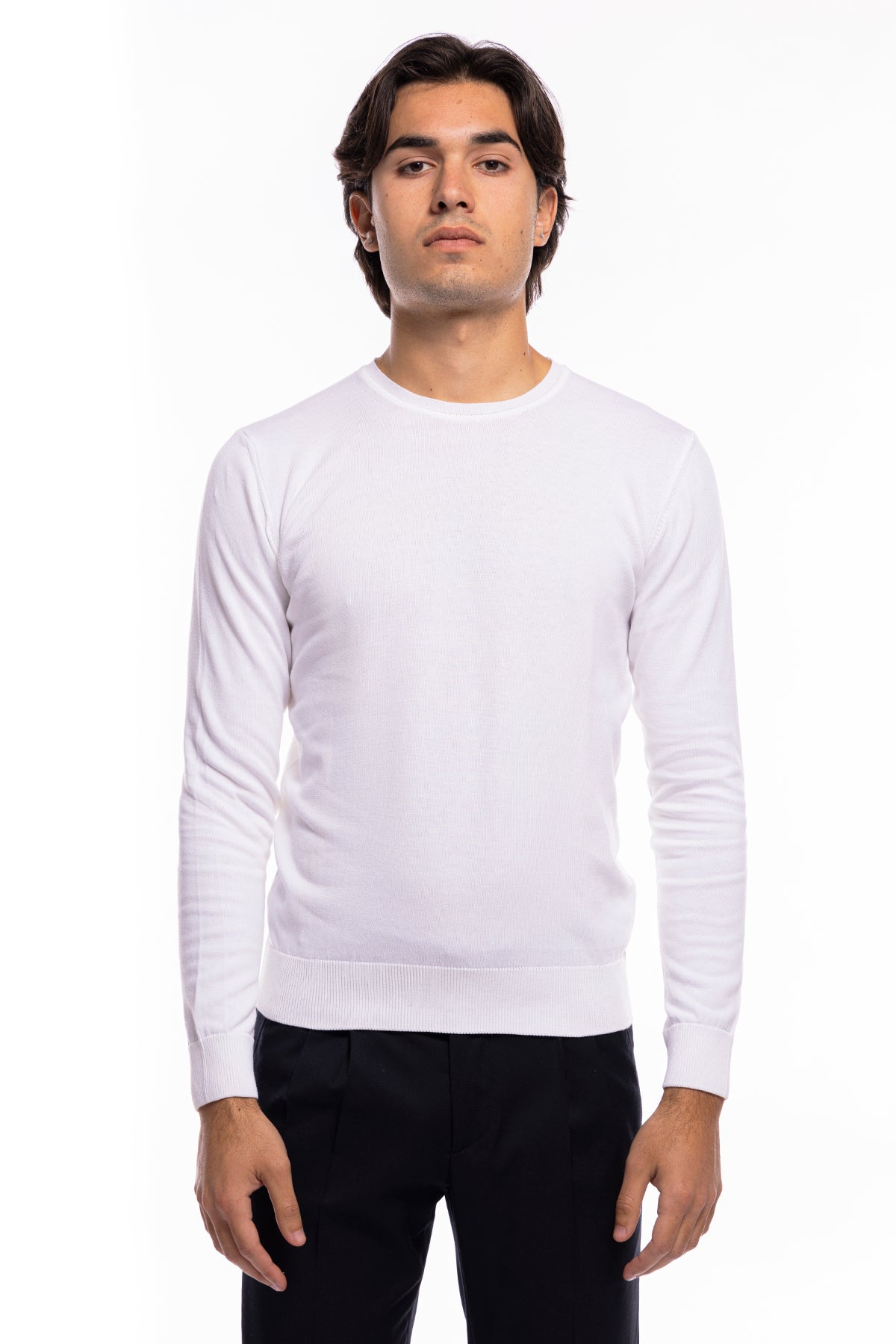Maglioncino da uomo Bianco maniche lunghe 100% cotone di filo tinta unita