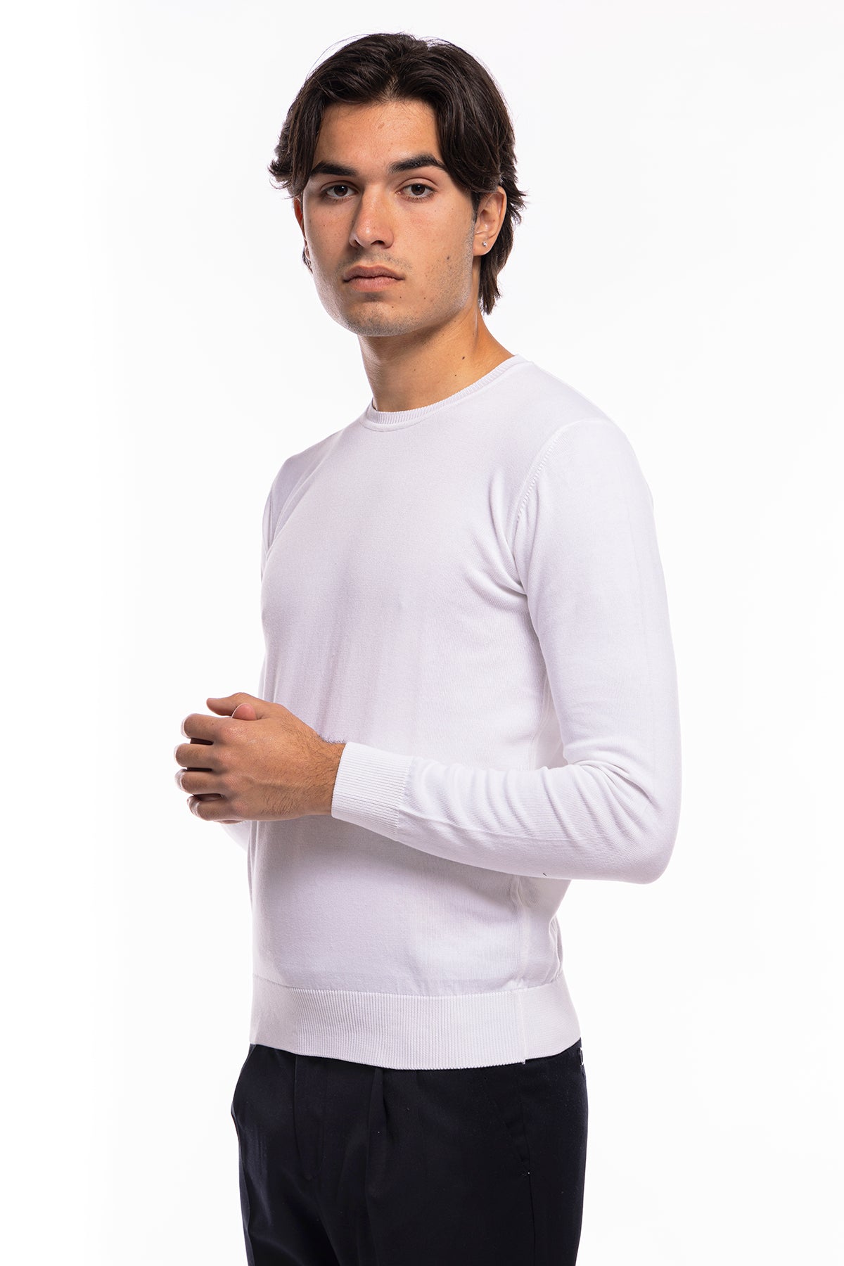 Maglioncino da uomo Bianco maniche lunghe 100% cotone di filo tinta unita