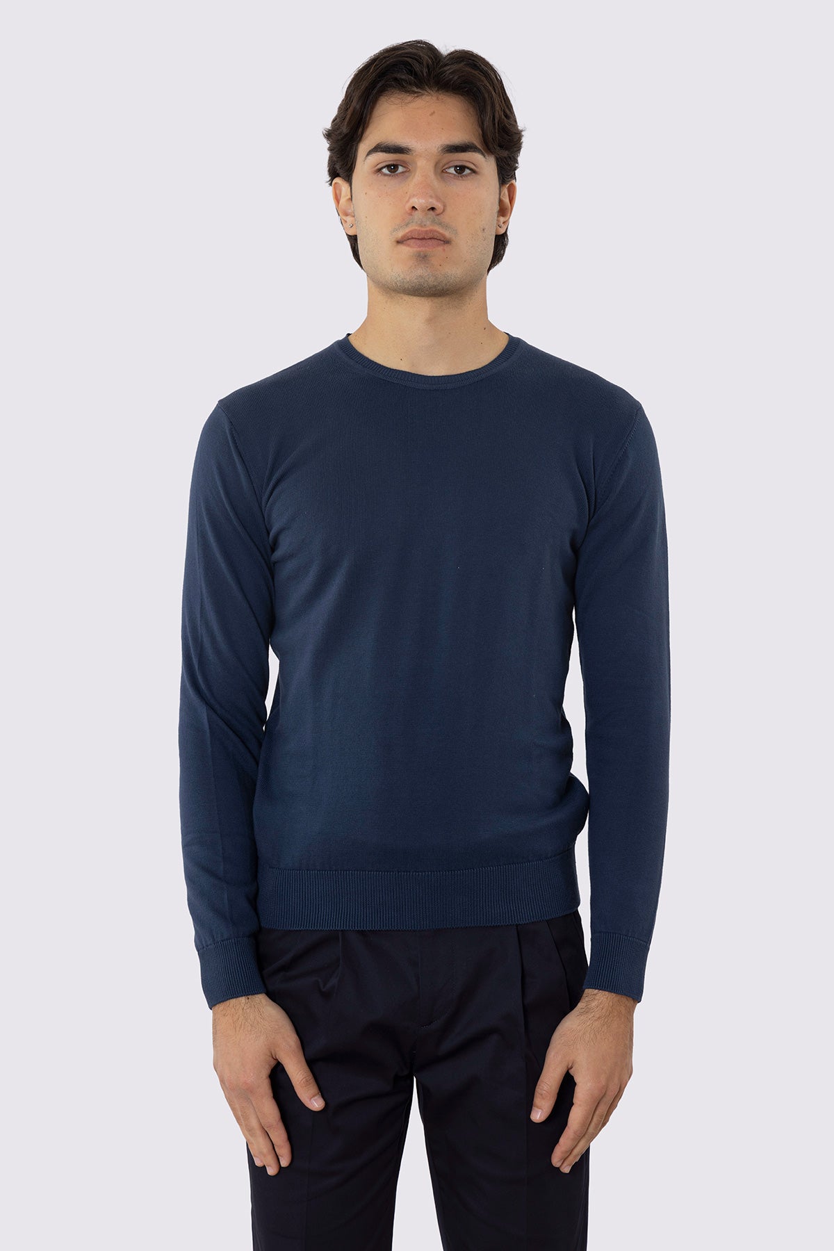 Maglioncino da uomo Navy blu maniche lunghe 100% cotone di filo tinta unita
