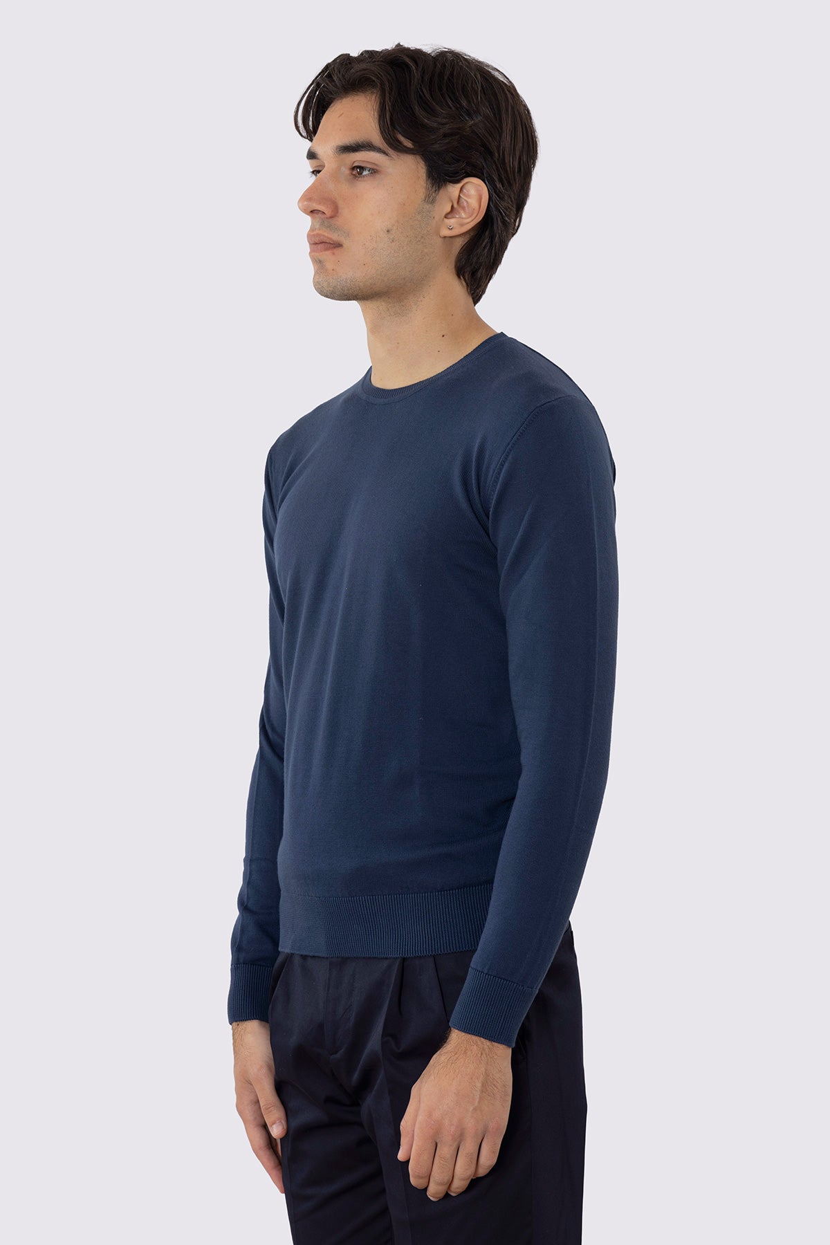 Maglioncino da uomo Navy blu maniche lunghe 100% cotone di filo tinta unita