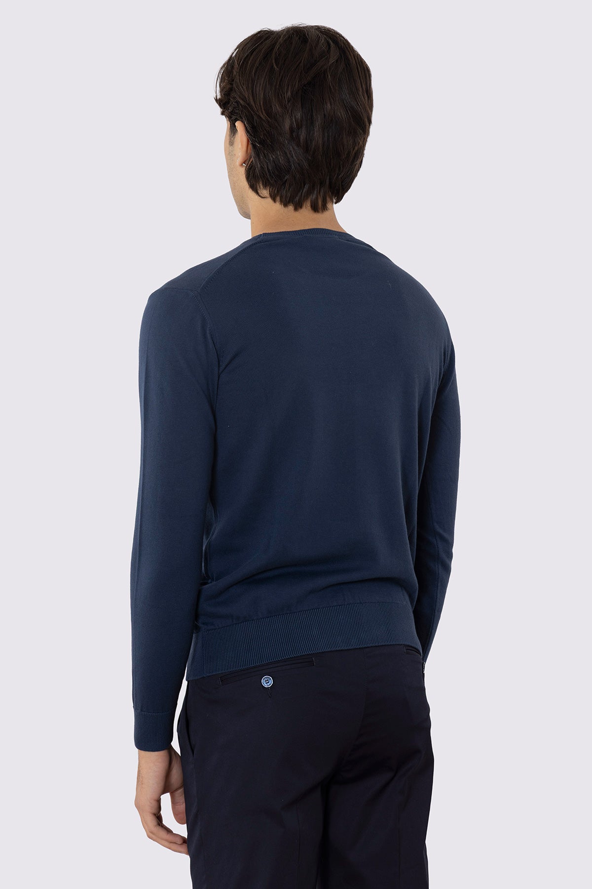 Maglioncino da uomo Navy blu maniche lunghe 100% cotone di filo tinta unita