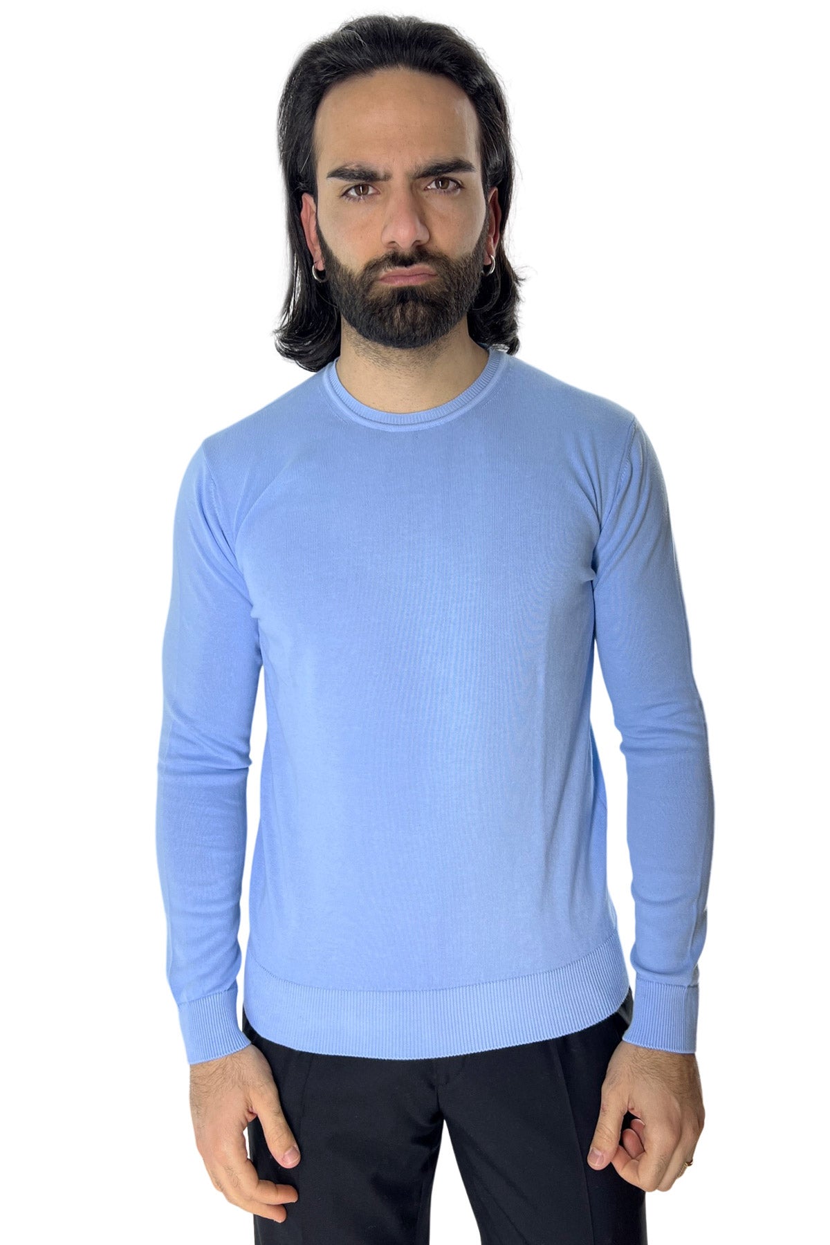 Maglioncino da uomo Celeste maniche lunghe 100% cotone di filo tinta unita finezza 12