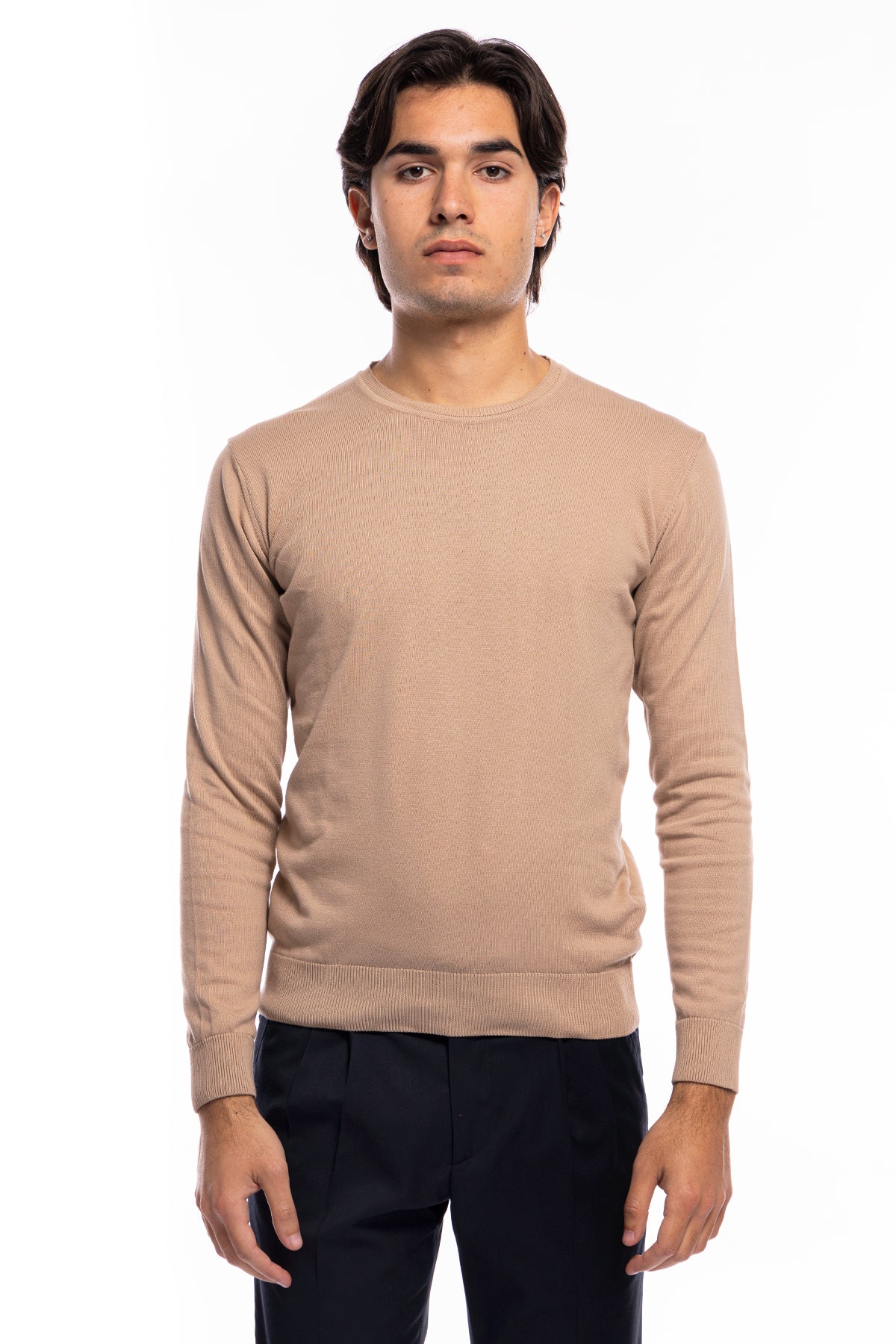 Maglioncino da uomo Beige maniche lunghe 100% cotone di filo tinta unita finezza 12