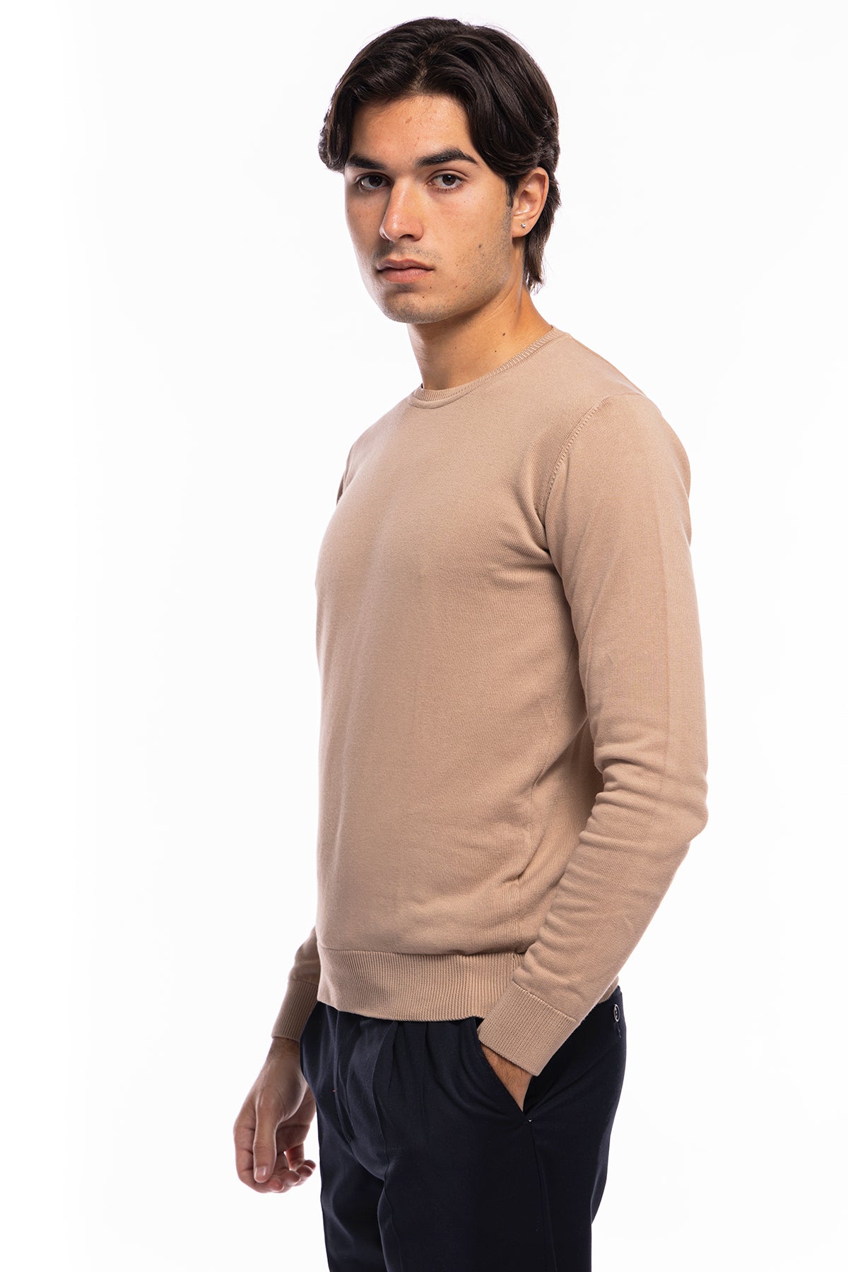 Maglioncino da uomo Beige maniche lunghe 100% cotone di filo tinta unita finezza 12