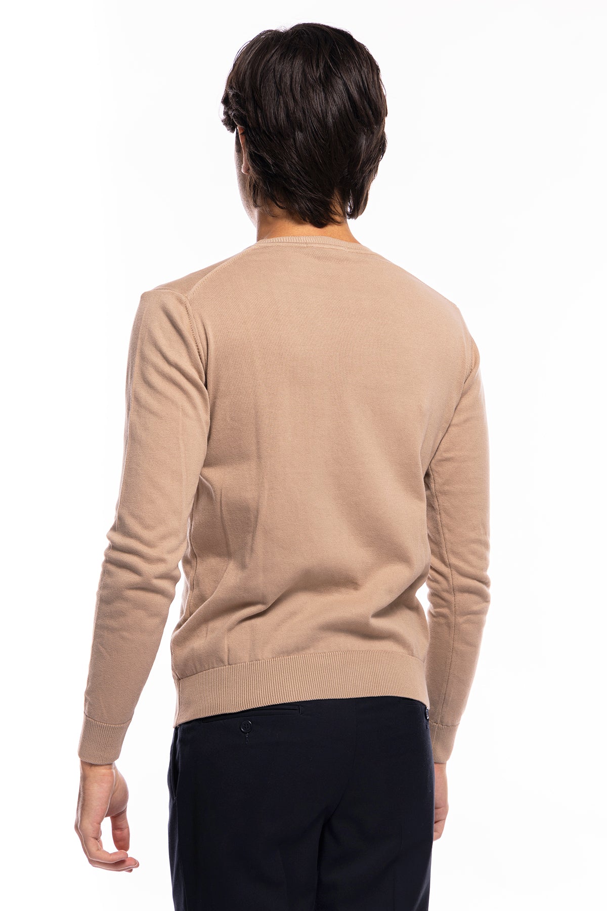 Maglioncino da uomo Beige maniche lunghe 100% cotone di filo tinta unita finezza 12