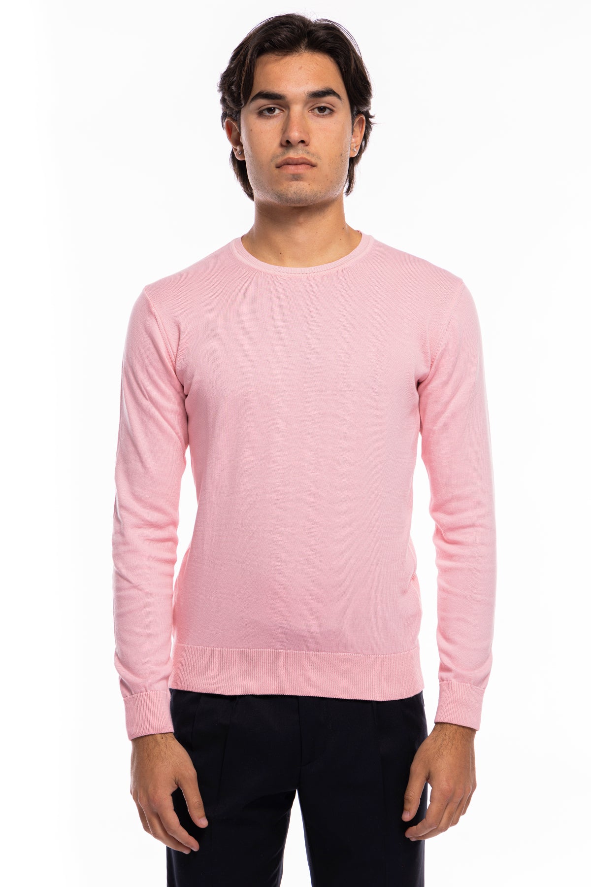 Maglioncino da uomo rosa maniche lunghe 100% cotone di filo tinta unita finezza 12