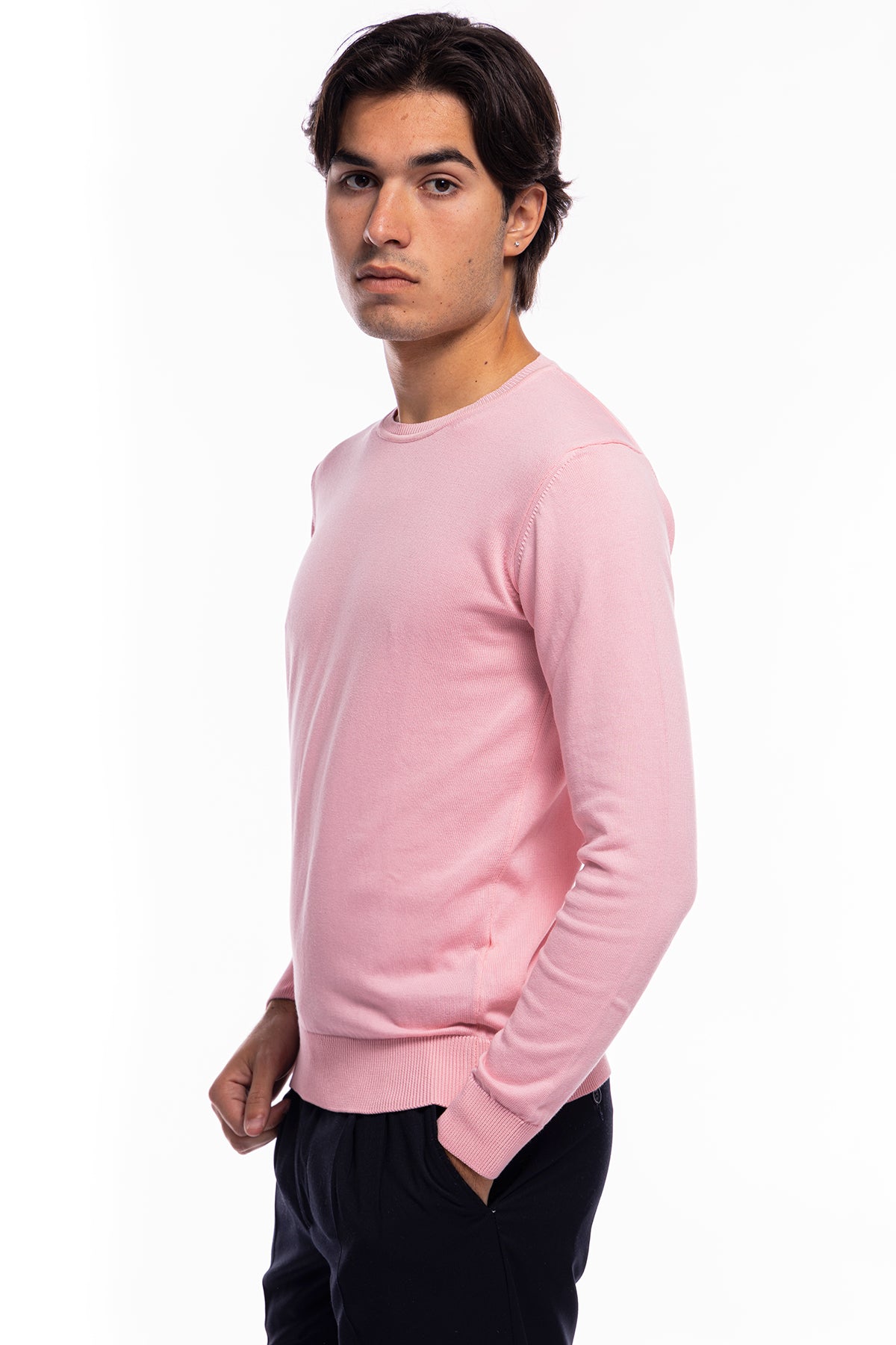 Maglioncino da uomo rosa maniche lunghe 100% cotone di filo tinta unita finezza 12