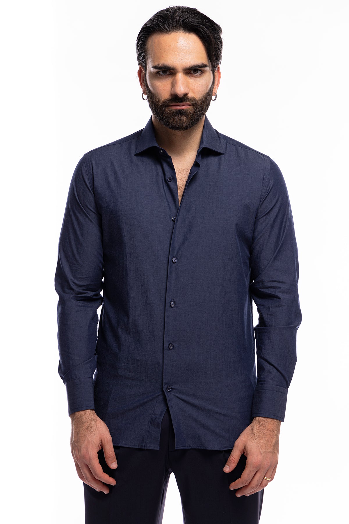 Camicia Uomo regular fit in cotone 100% denim scuro Collo semi francese