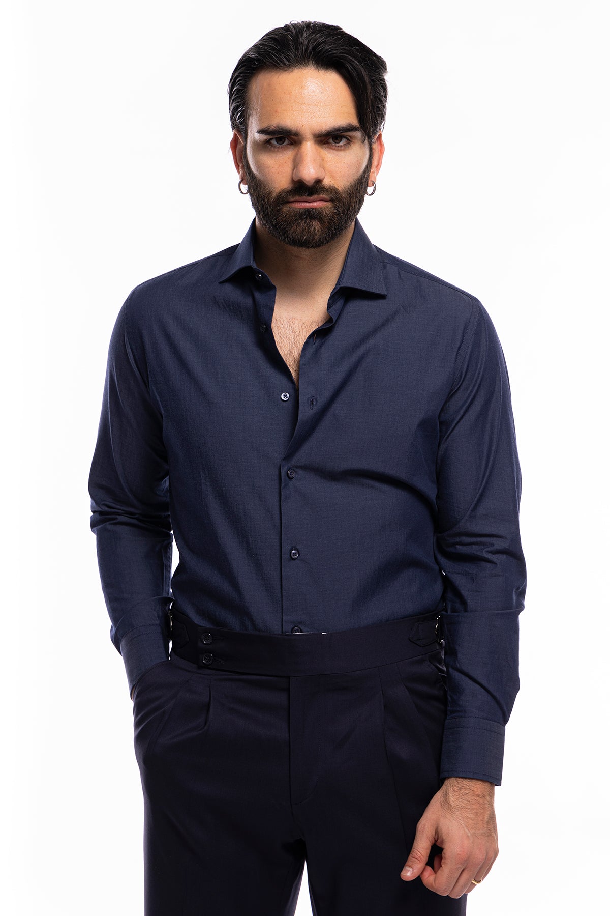 Camicia Uomo regular fit in cotone 100% denim scuro Collo semi francese