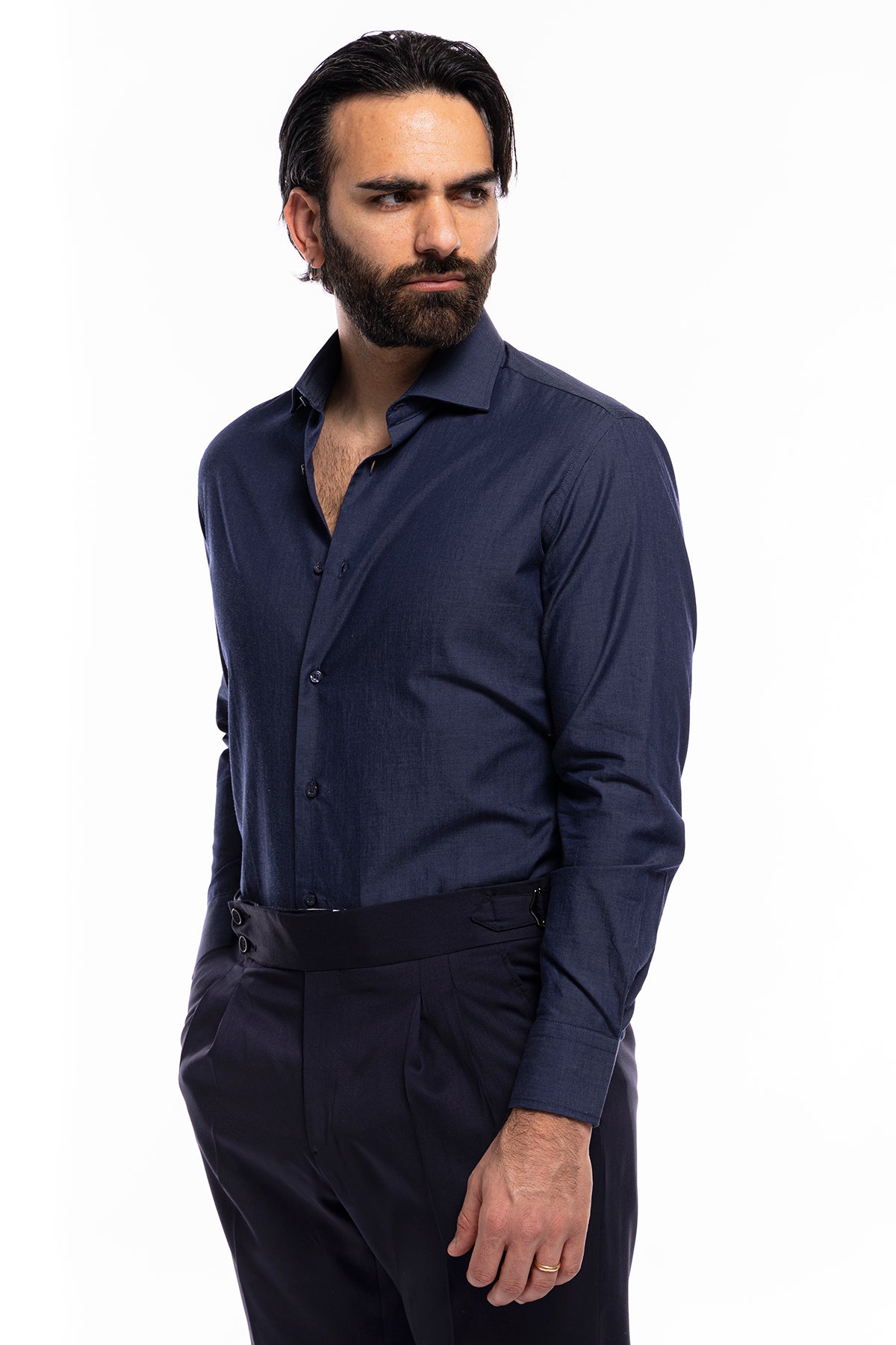 Camicia Uomo regular fit in cotone 100% denim scuro Collo semi francese