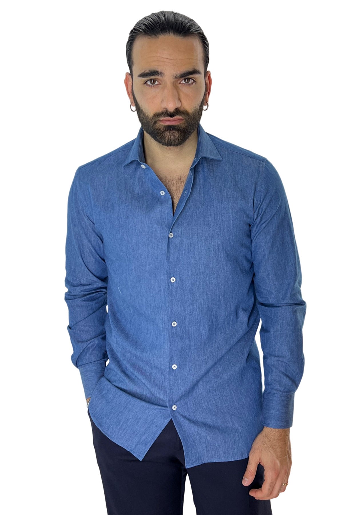 Camicia Uomo regular fit in cotone 100% effetto denim Collo semi francese