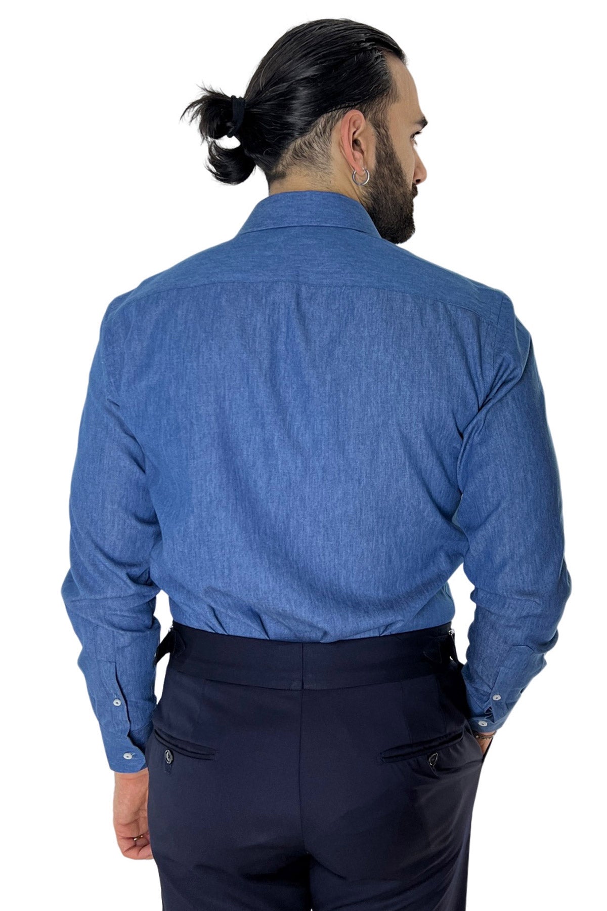 Camicia Uomo regular fit in cotone 100% effetto denim Collo semi francese