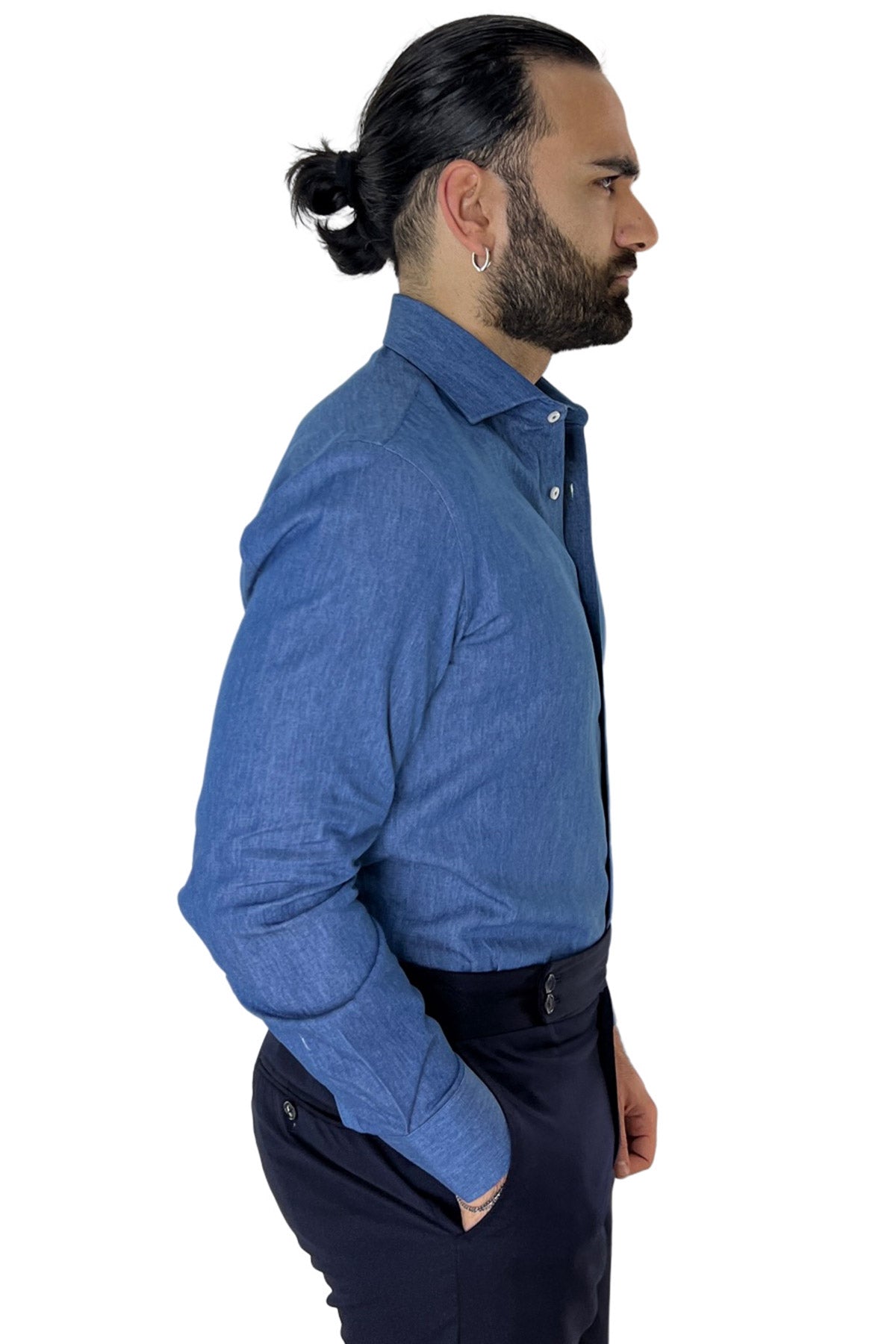 Camicia Uomo regular fit in cotone 100% effetto denim Collo semi francese
